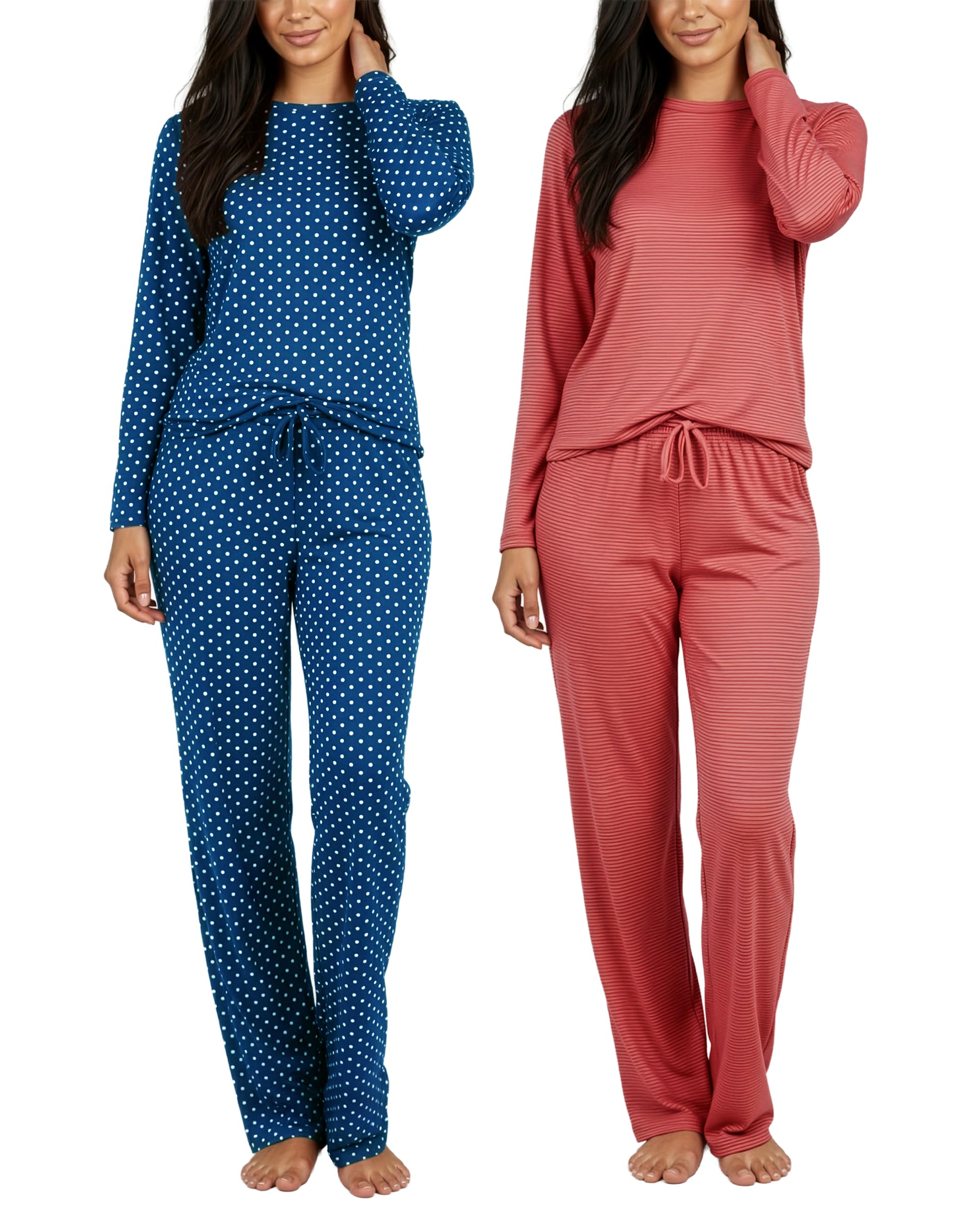 Real Essentials 2 Pack: Women's Long Sleeve Pajama Sets - Soft Comfy 2 Piece PJ Set Matching Ladies Sleepwear (Plus Size)