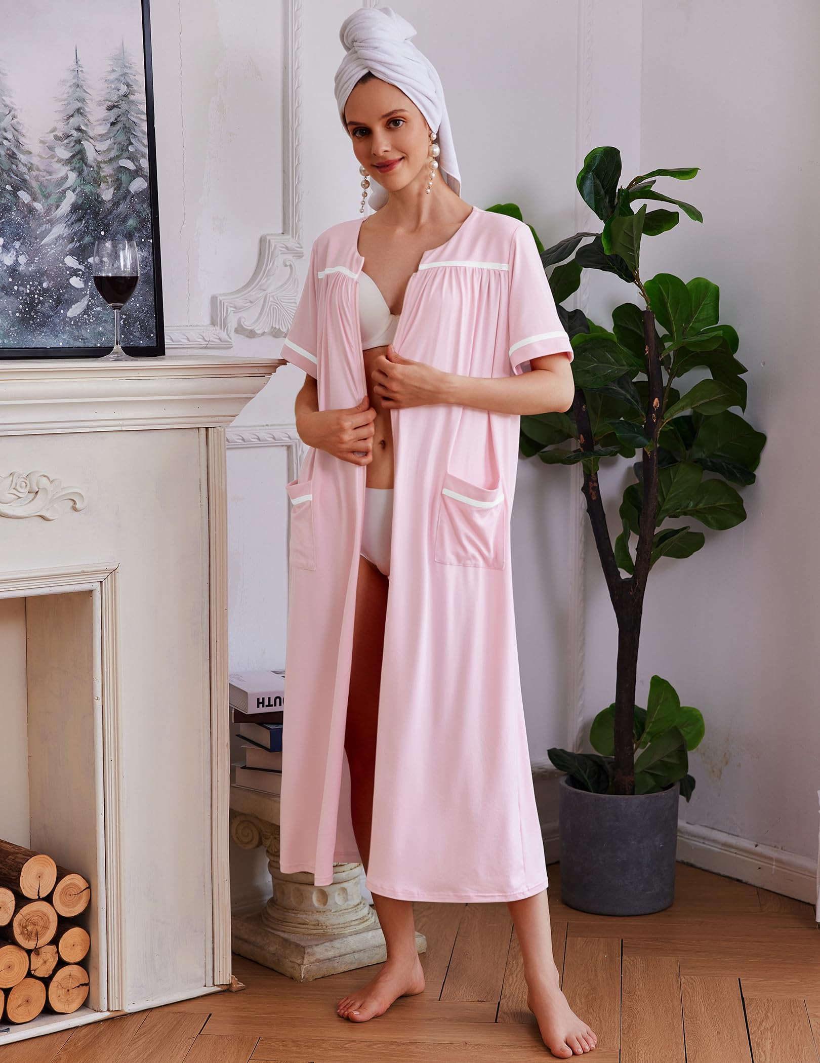 Ekouaer Zipper Robes for Women Short Sleeve Bathrobe Soft Lightweight Housecoat Full Length Nightgown with Pockets S-3XL WEBE CLOTHING