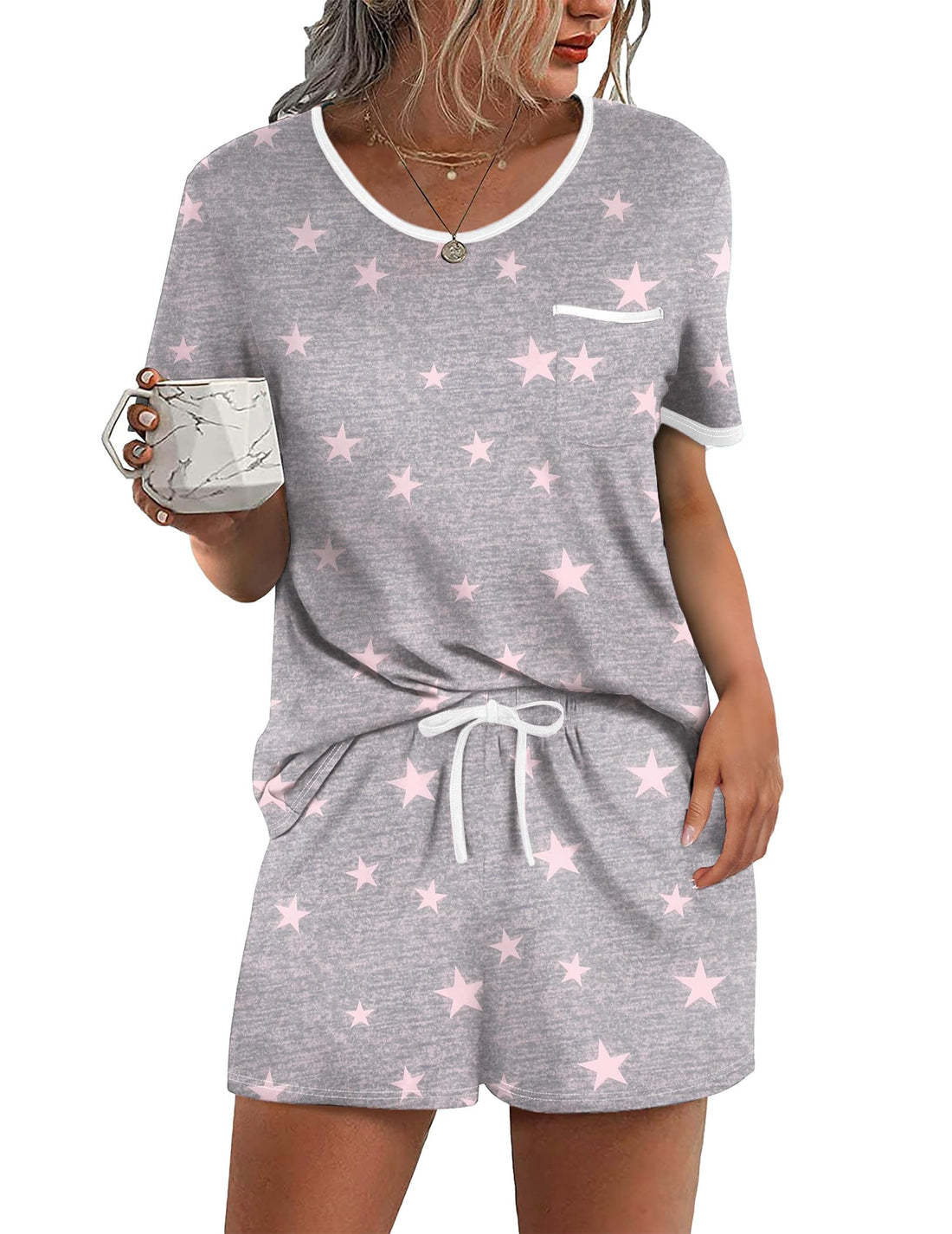 Ekouaer Pajama Set for Women 2 Piece Lounge Set Short Sleeve Tops and Shorts Soft Sleepwear, Chest Pocket