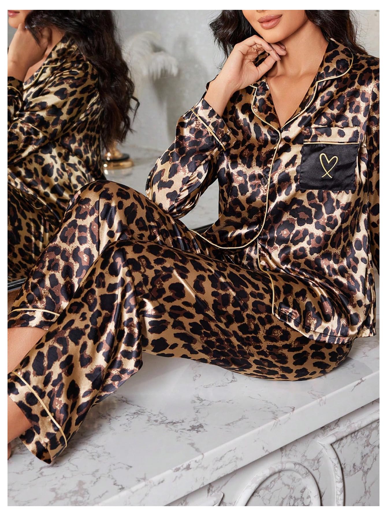 WDIRARA Women's 2 Piece Leopard Print Satin Pajama Set Lounge Sleepwear Set | Animal Print,Leopard Print Satin,Long Sleeve,Button Down,Cheetah Silk Loungewear Pj WEBE CLOTHING