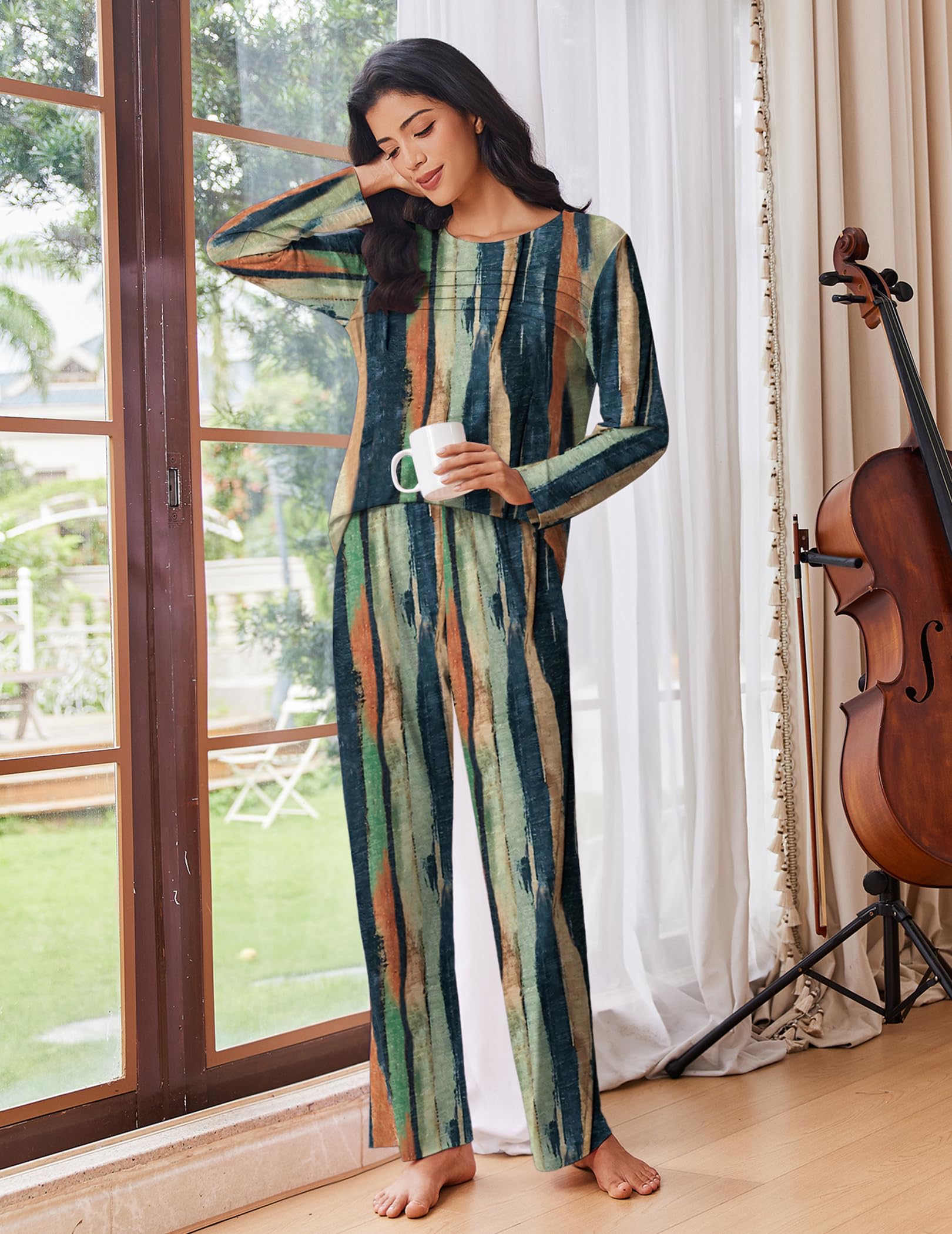 Ekouaer Womens Pajama Sets Pleated Tops with Long Pants Lounge Set Long Sleeve Fall Sleepwear Ladies Pjs S-XXL