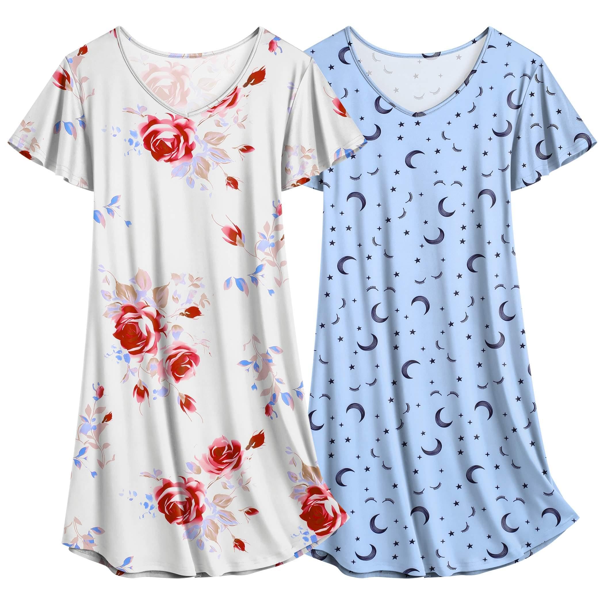 Ekouaer 2 Pack Women's Nightgown Short Sleeve Nightshirts Comfy Soft Pajama Sleep Dress
