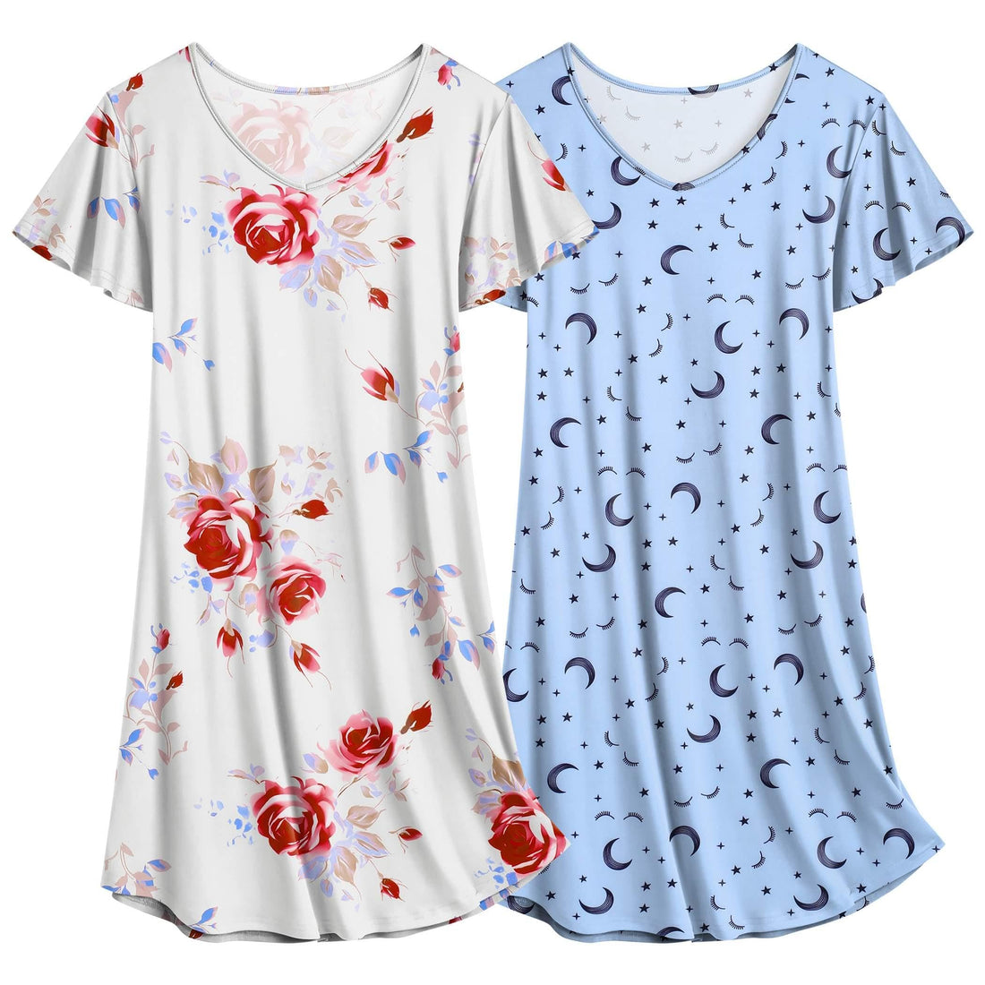 Ekouaer 2 Pack Women's Nightgown Short Sleeve Nightshirts Comfy Soft Pajama Sleep Dress