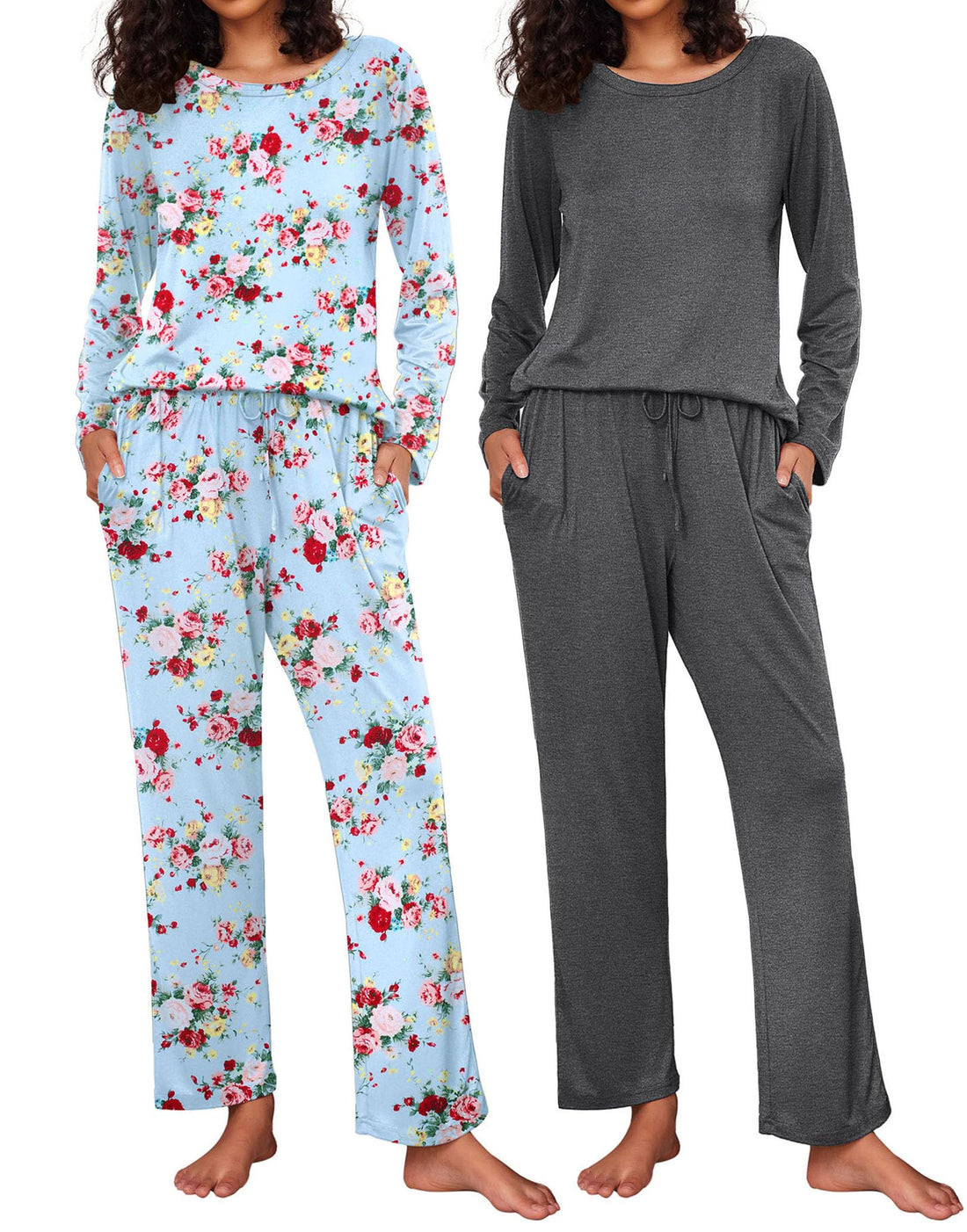 Ekouaer 2 Pack Womens Pajama Sets Long Sleeve Pjs Lounge Set Soft Comfy Sleepwear Winter Loungewear