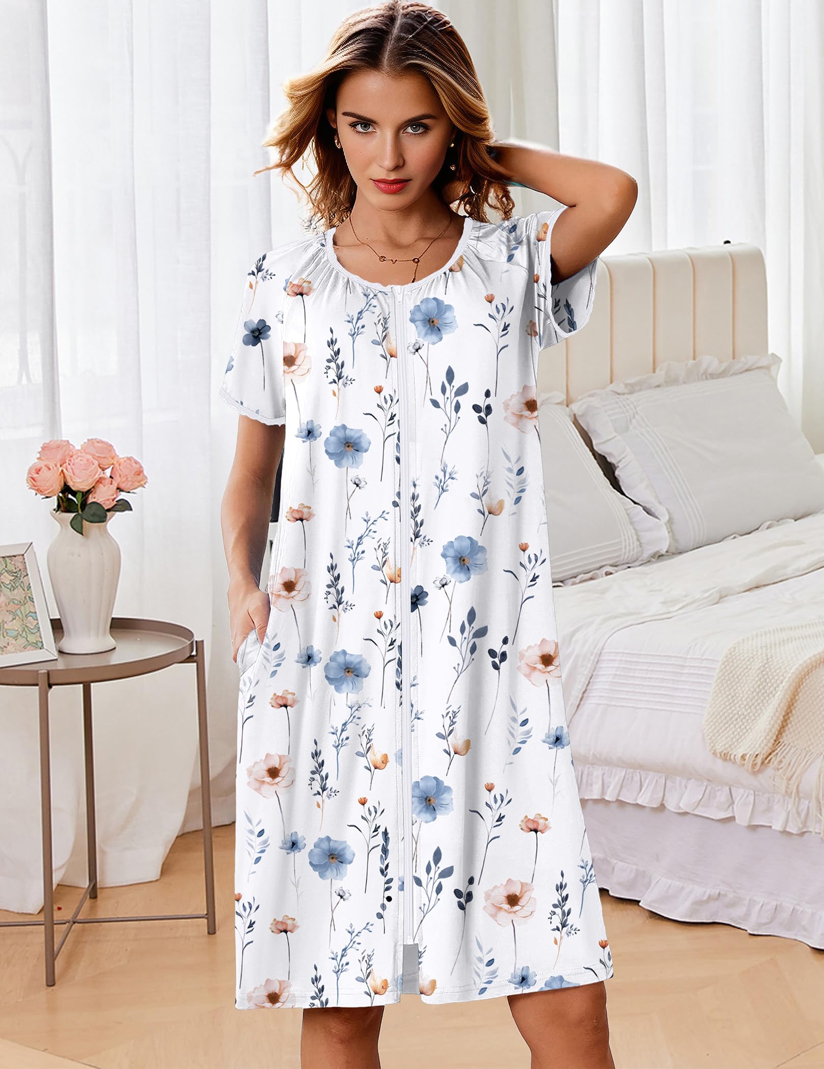 Ekouaer Zipper Robes for Women Short Sleeves Knit Bathrobes Knee Length Soft Lace Trim Loungewear with Pockets S-3XL WEBE CLOTHING