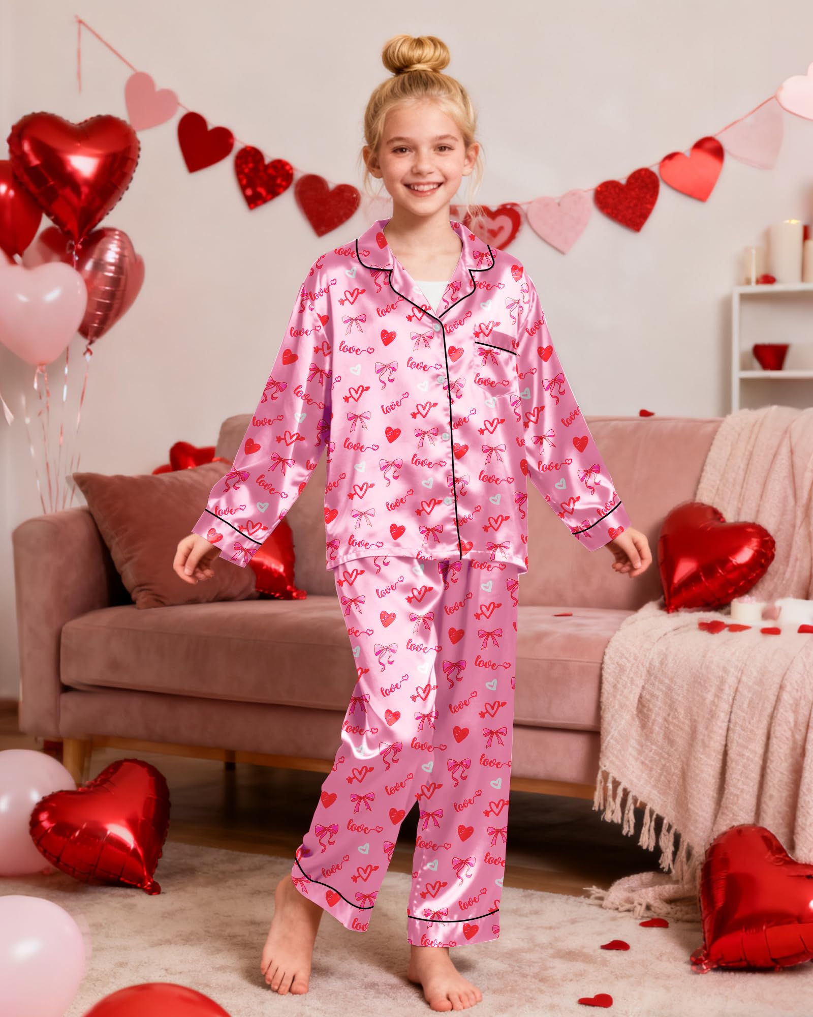 Sylfairy Girls Pajamas Silk PJS Set Satin Sleepwear Long Sleeve Jammies for Kids Button-Down Nightwear Loungewear 3-16 Years