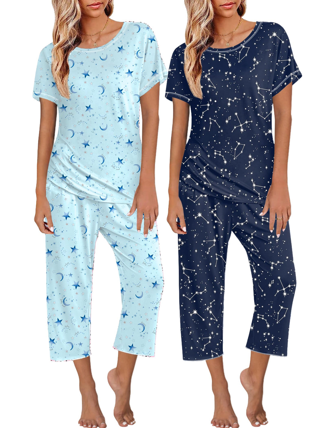 Ekouaer 2 Pack Womens Pajamas Sets Short Sleeve Tops and Capri Pants Pjs Colorful Printed Sleepwear Sets