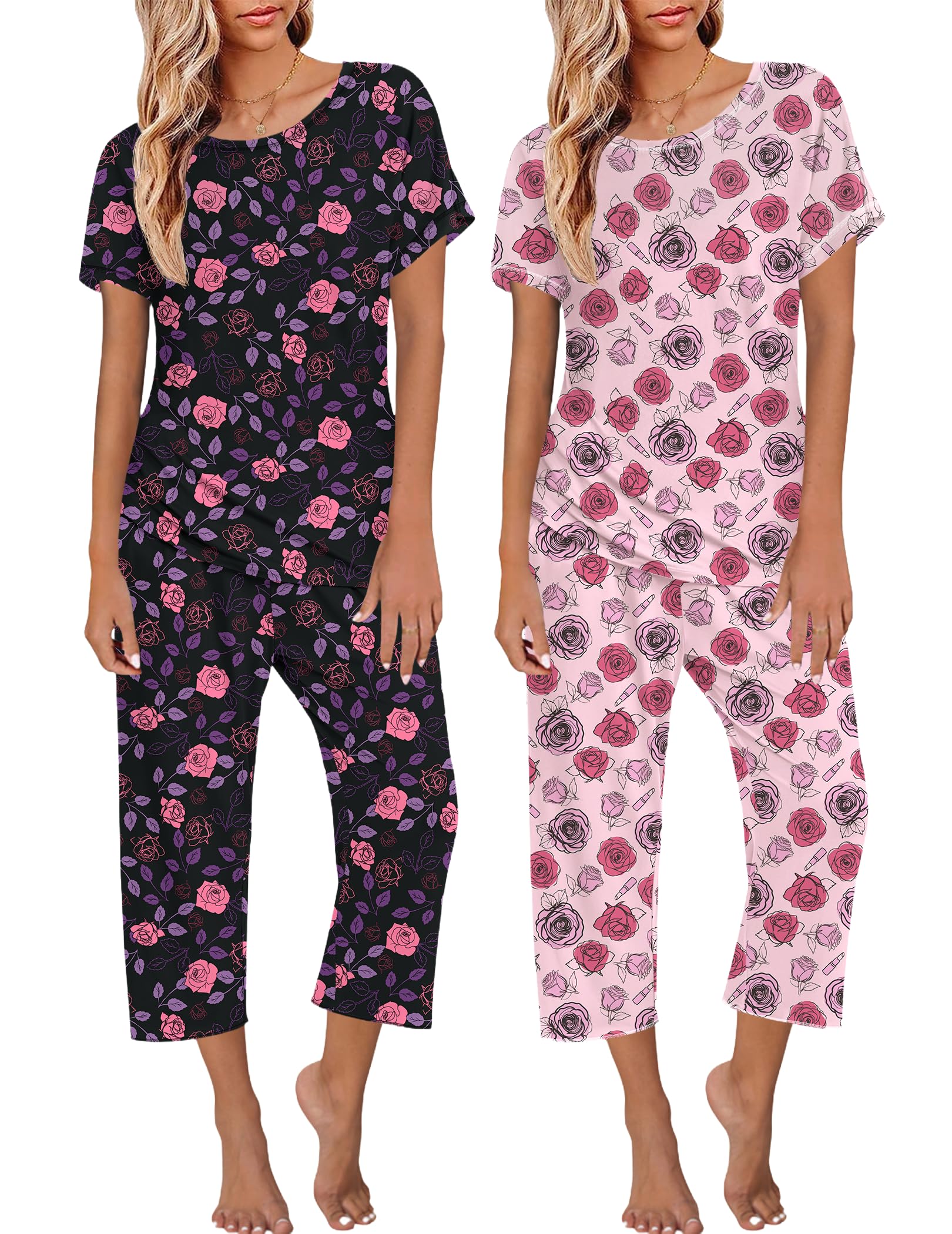 Ekouaer 2 Pack Womens Pajamas Sets Short Sleeve Tops and Capri Pants Pjs Colorful Printed Sleepwear Sets