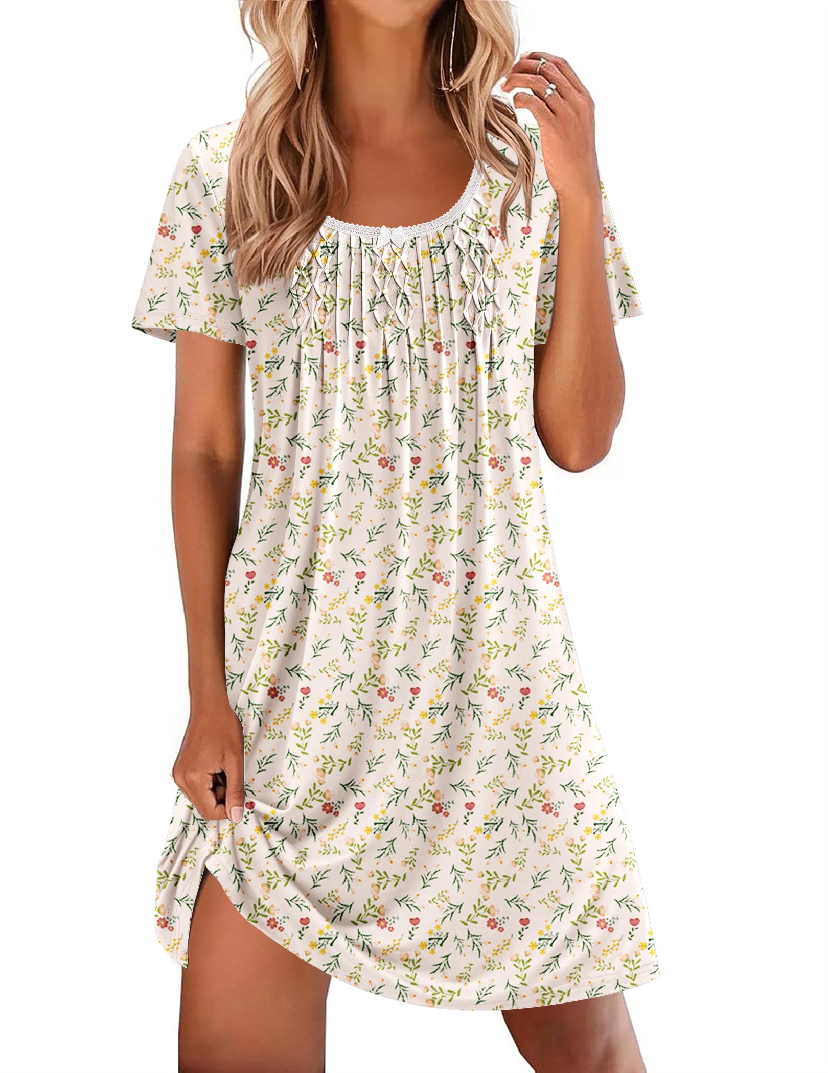 Ekouaer Nightgowns for Women Pleated Sleep Shirts Short Sleeve Night Shirts Lace Trim Night Gown Ladies Sleep Dress