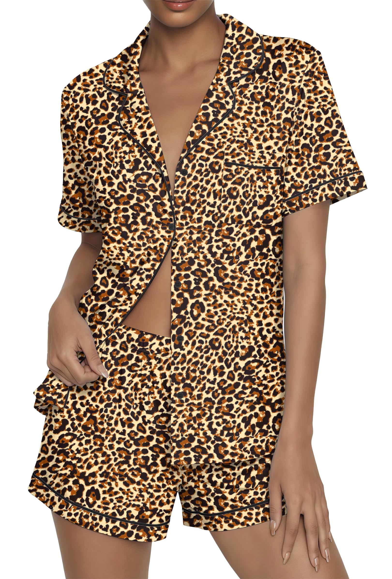 Ekouaer Womens Pajama Sets Button Up Summer Pjs 2 Piece Short Sleeve Sleepwear Lounge Set S-XXL