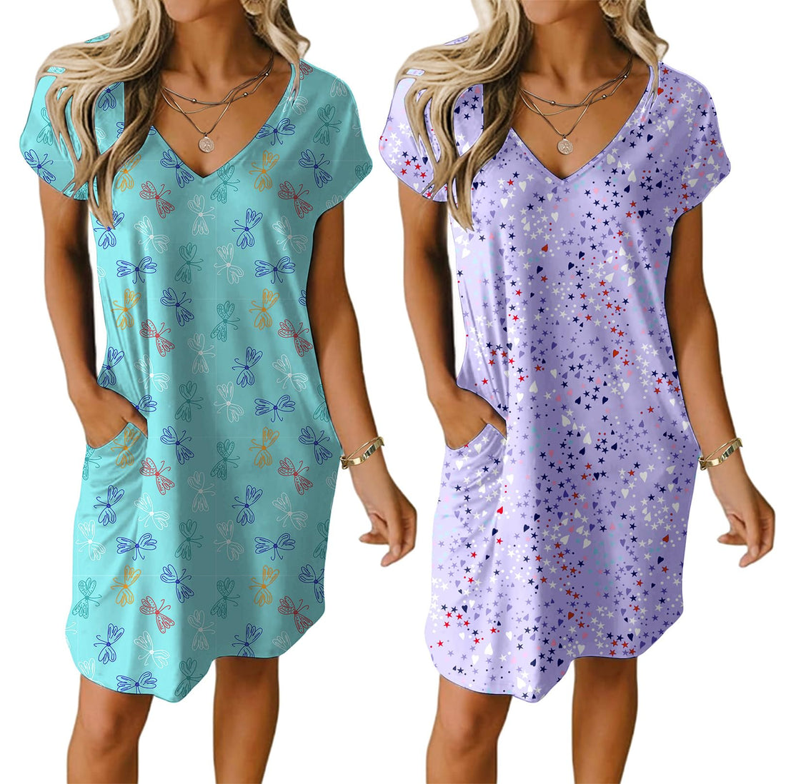 Ekouaer Womens 2 Pack Nightgown V Neck Sleepshirt Short Sleeve Nightshirt Plain/Floral Pajama Dress with Pockets