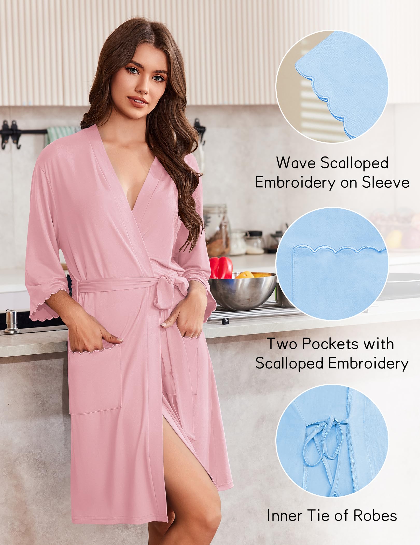 Ekouaer Robes for Women Knee Length Kimono Bathrobe Lightweight 3/4 Sleeve Sleepwear Soft Loungewear with Pockets S-XXL WEBE CLOTHING