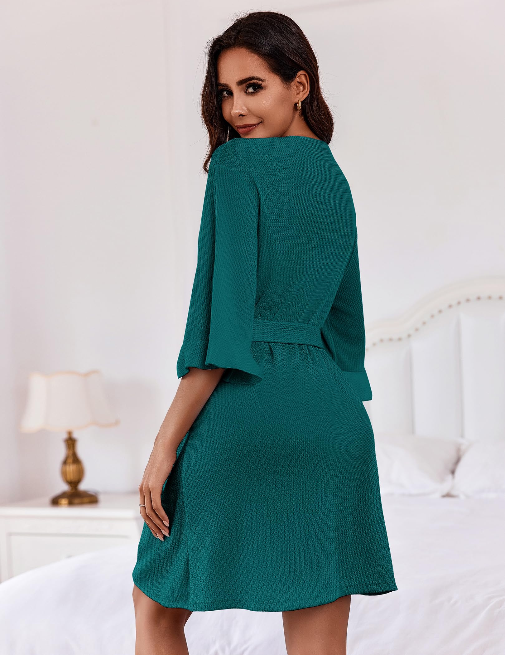 Ekouaer Robes for Women Lightweight Waffle Knit Short Bath Robe Knee Length Ruffle Ladies Loungewear WEBE CLOTHING