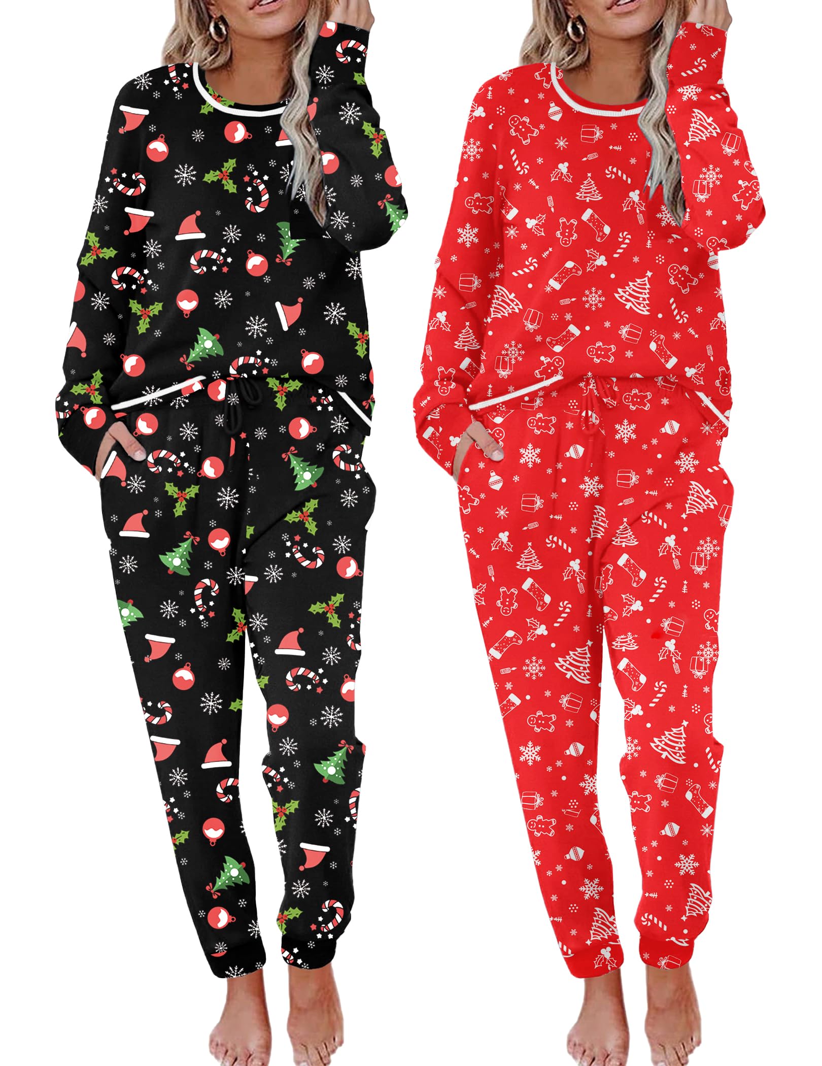 Ekouaer 2 Pack Womens Pajama Sets Long Sleeve Lounge Sets Soft Pj Sleepwear Loungewear