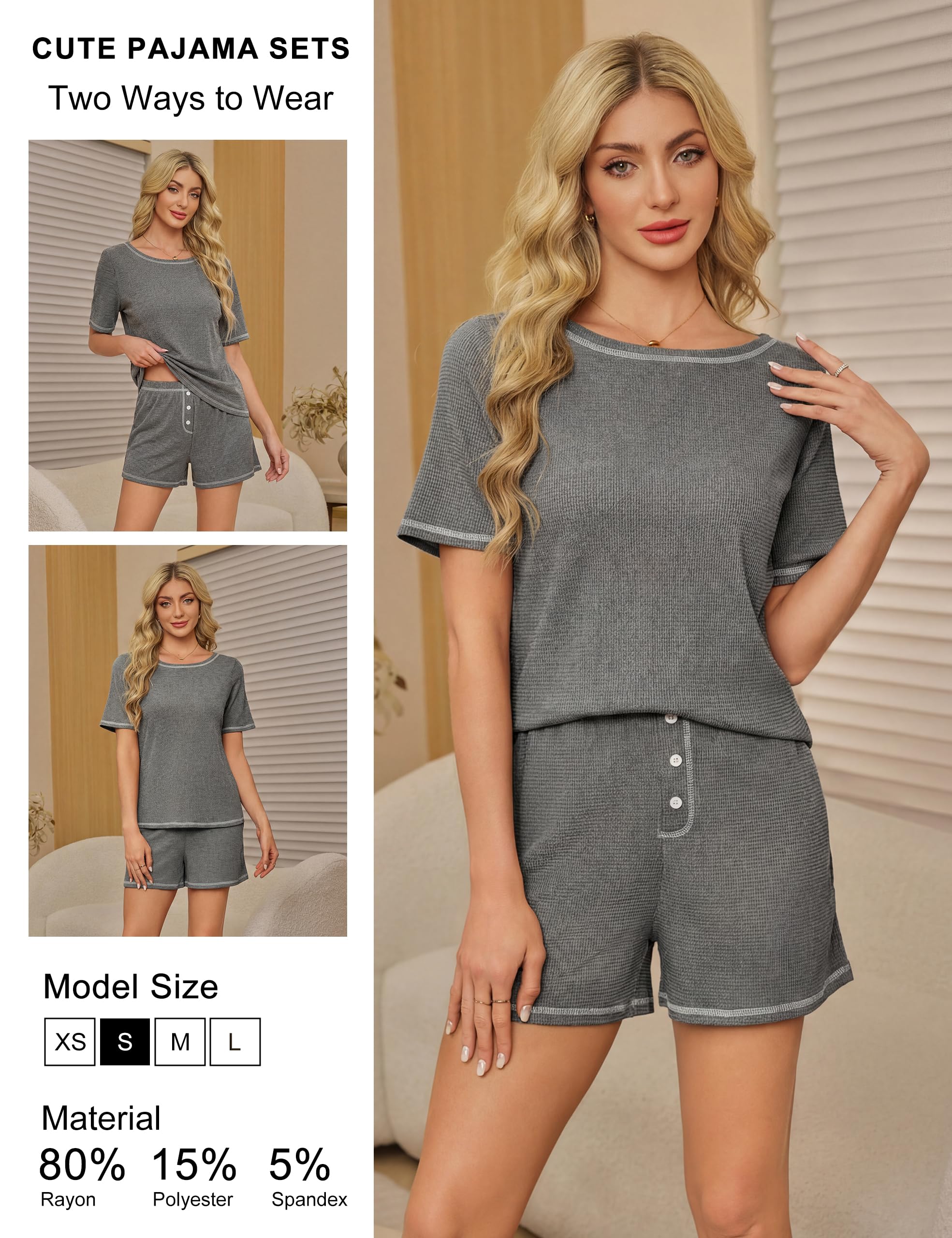 Blooming Jelly Womens Waffle Knit Cute Pajamas Sets Short Sleeve 2 Piece Pj Lounge Set Soft Sleepwear with Pockets