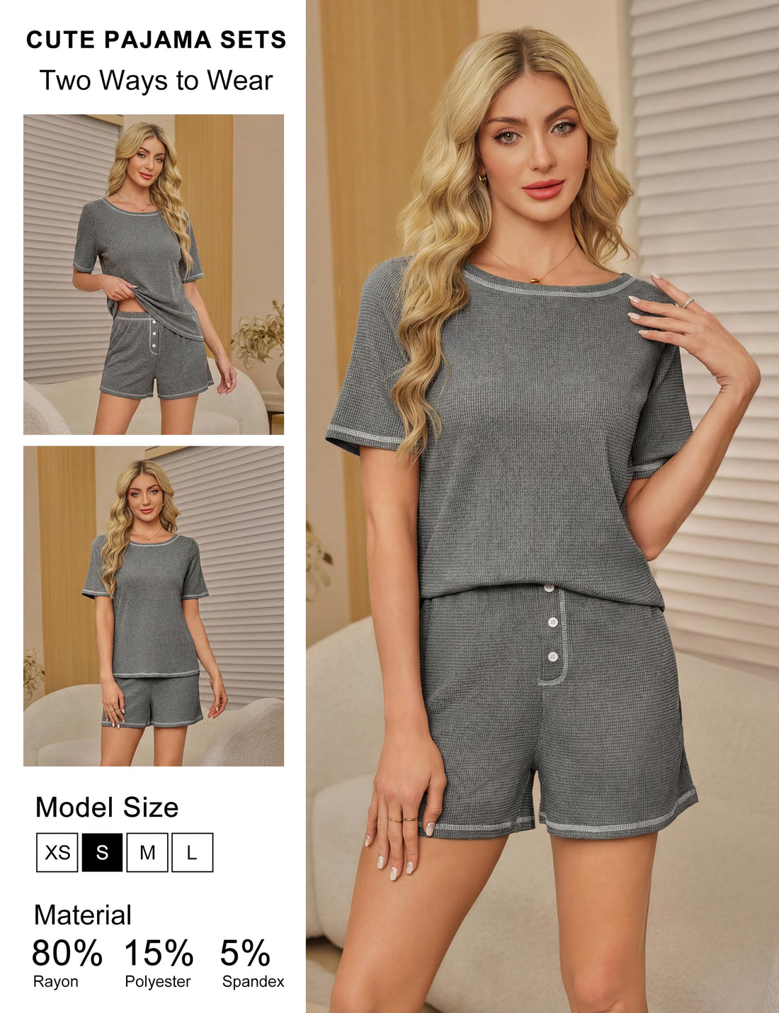 Blooming Jelly Womens Waffle Knit Cute Pajamas Sets Short Sleeve 2 Piece Pj Lounge Set Soft Sleepwear with Pockets