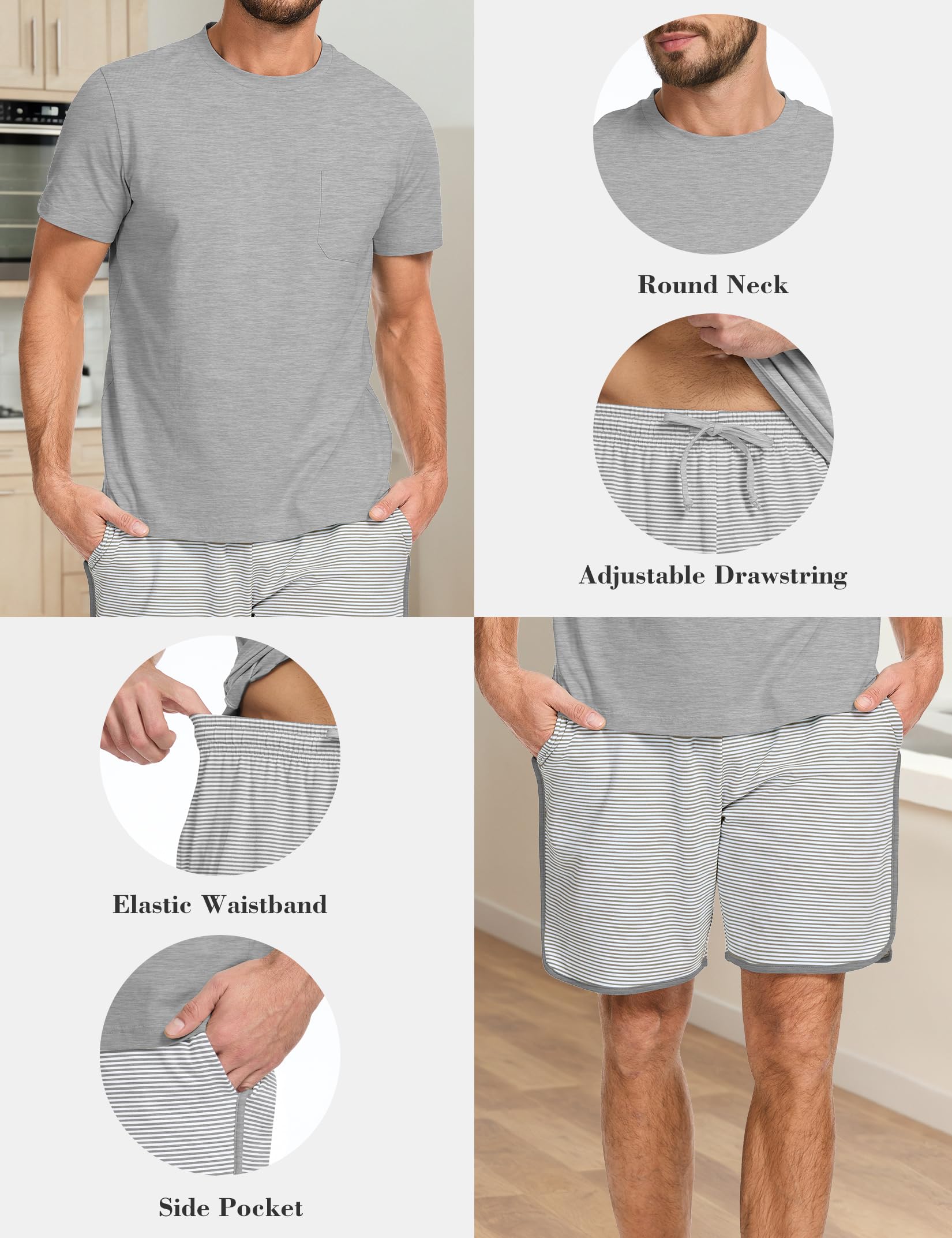 Mens Cotton Pajamas Set Stripe 2 Piece Lounge Set Pjs Summer Short Sleeve and Shorts Comfy Loungewear with Pockets WEBE CLOTHING
