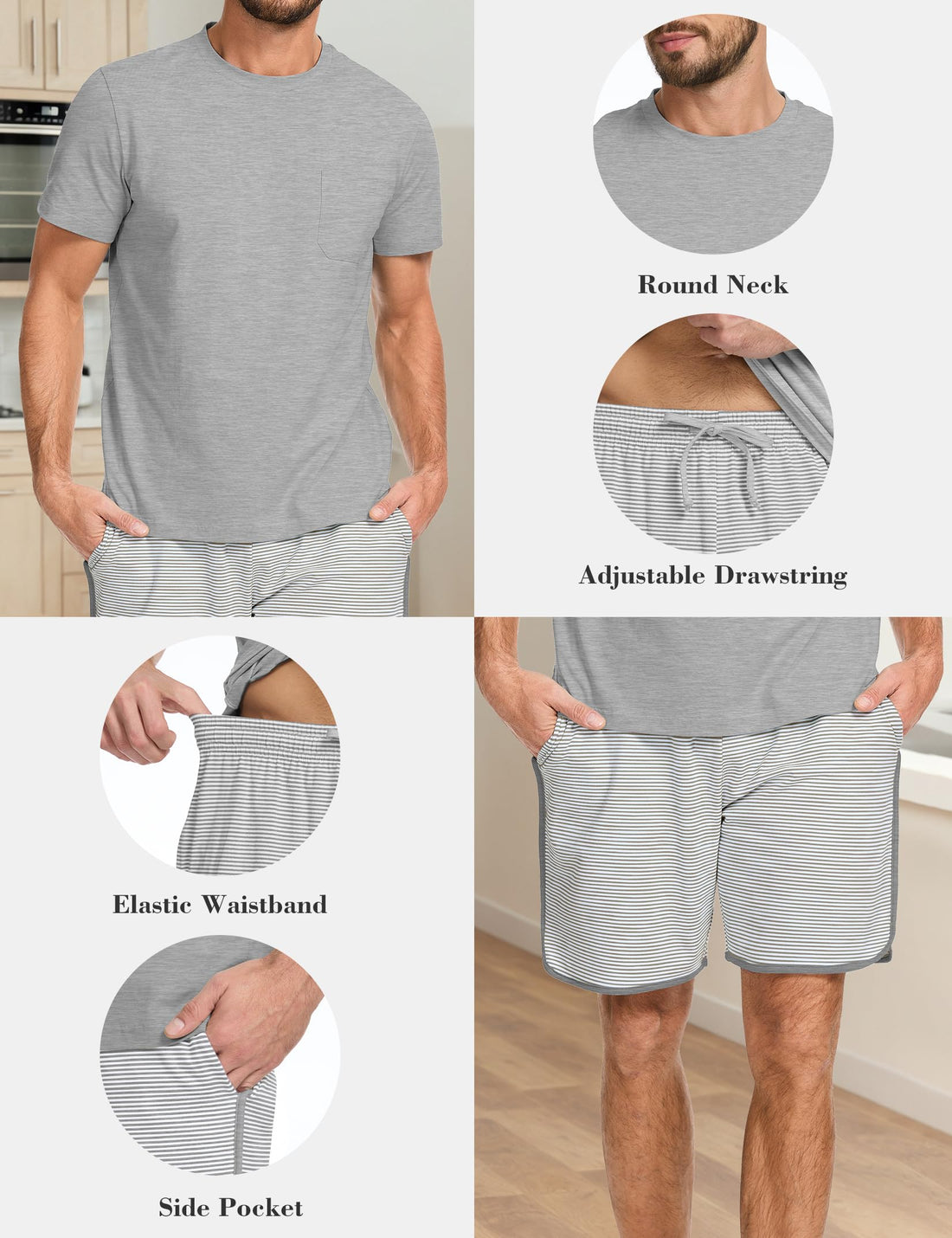 Mens Cotton Pajamas Set Stripe 2 Piece Lounge Set Pjs Summer Short Sleeve and Shorts Comfy Loungewear with Pockets WEBE CLOTHING