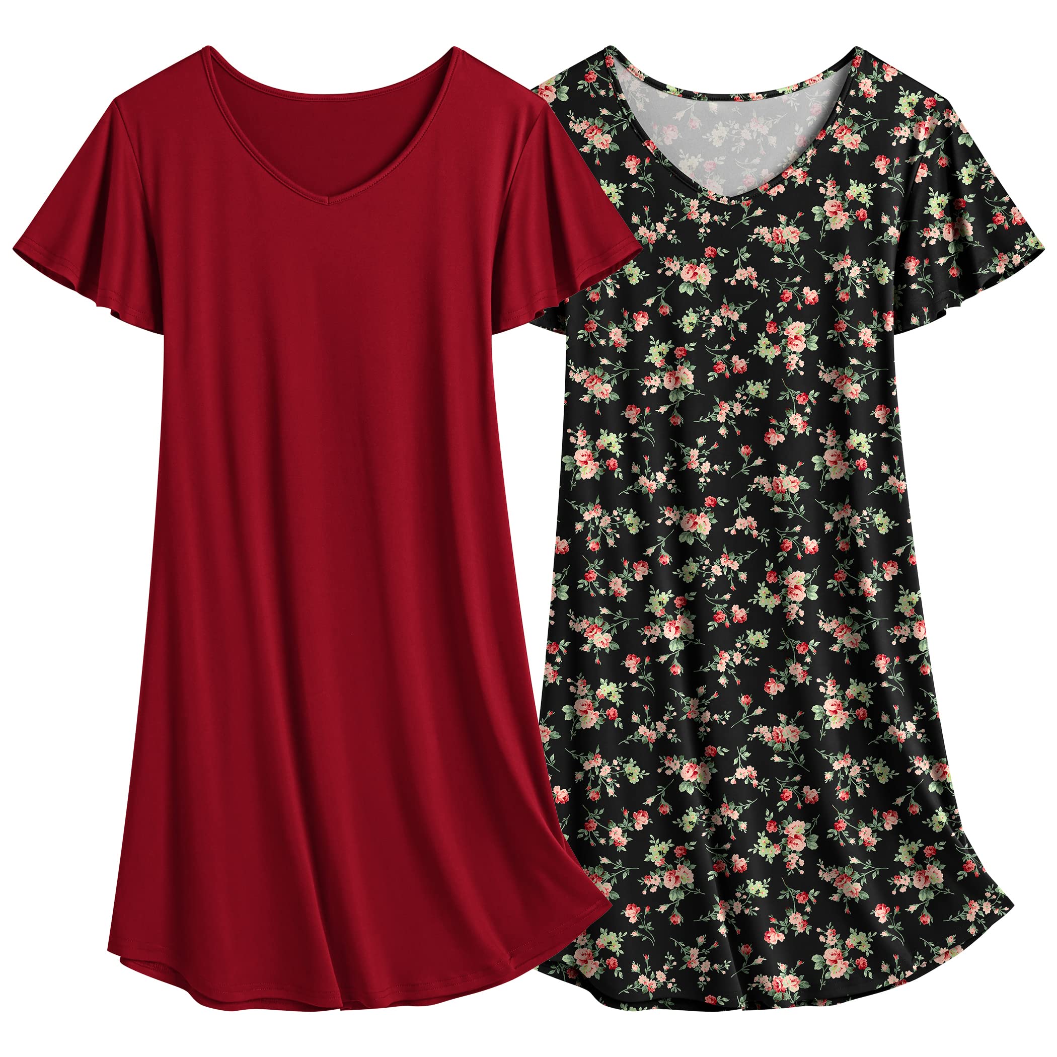 Ekouaer 2 Pack Women's Nightgown Short Sleeve Nightshirts Comfy Soft Pajama Sleep Dress