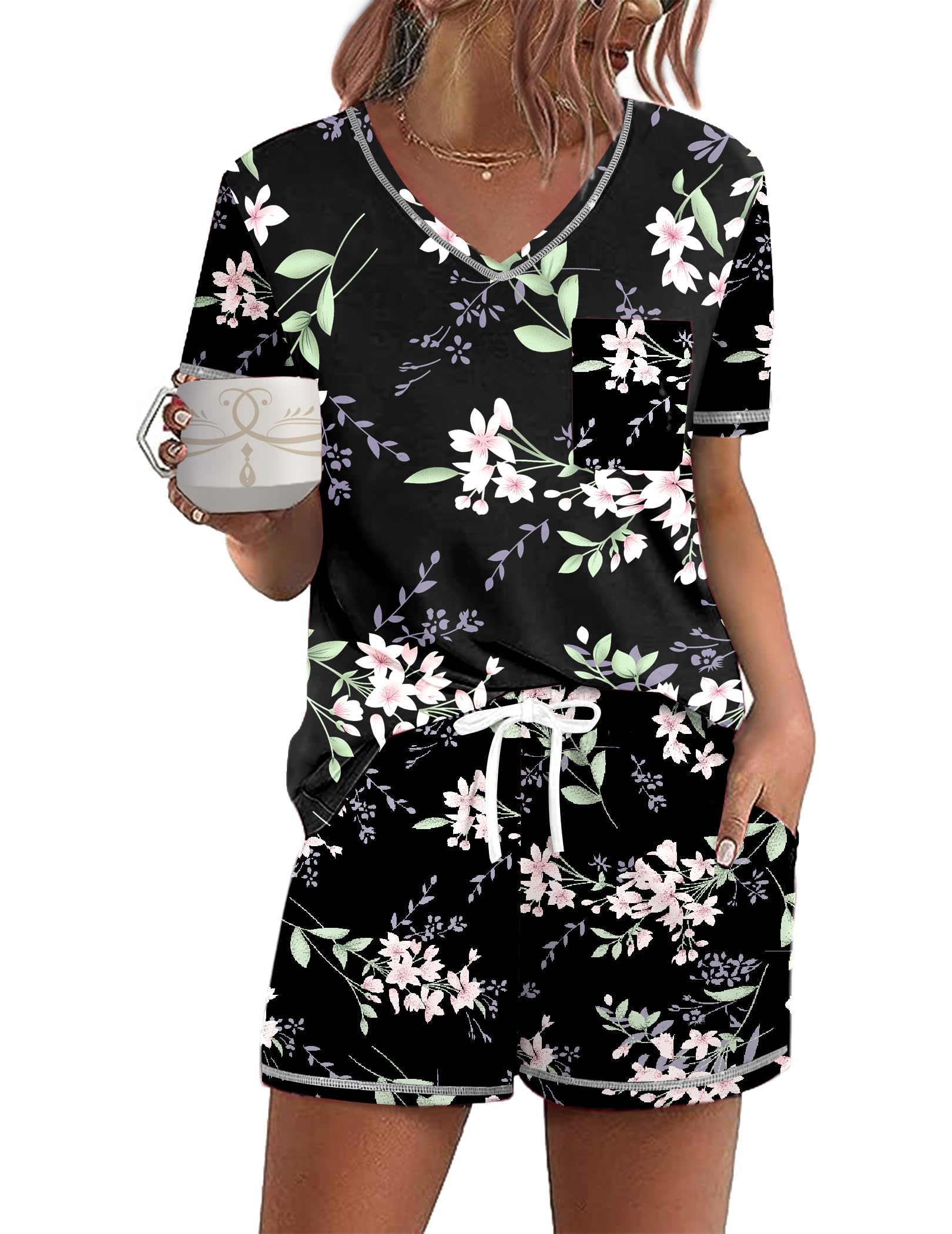 Ekouaer Women's Pajamas Sets Short Sleeve Pjs Two Piece Sleepwear Casual Lounge Sets With Pockets