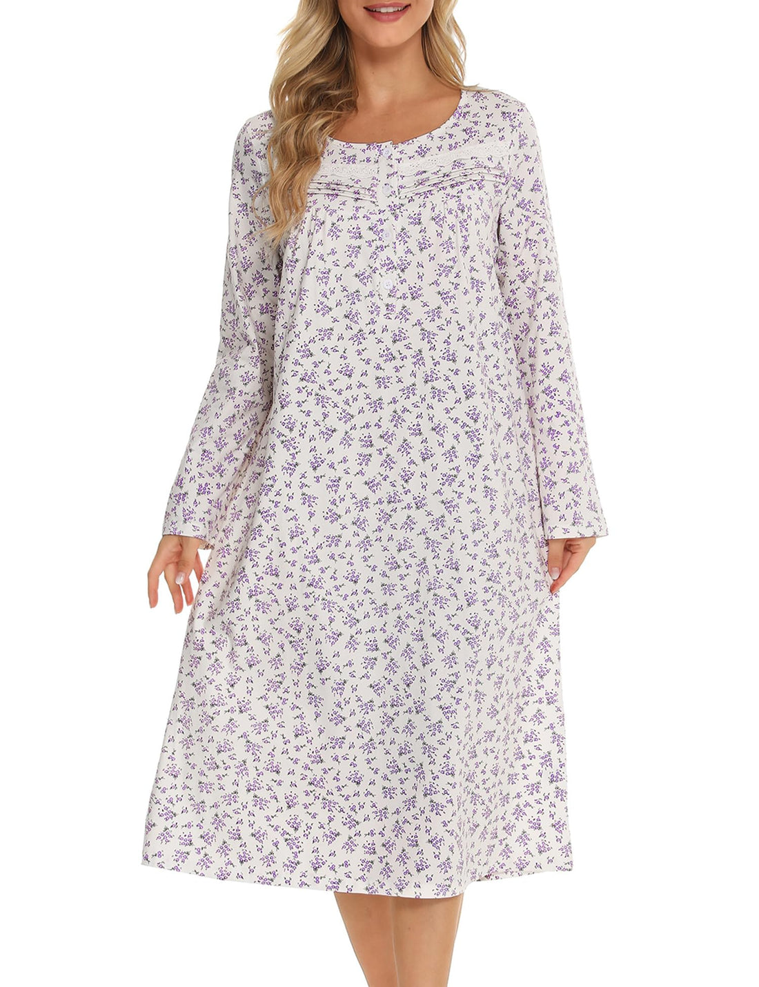 Bloggerlove Nightgowns for Women 100% Cotton Soft House Dress | 100 Full Cotton, Button Neck, Knee Length, Lace Trim Floral, Breathable, Skin-frieend, Loose Fit, Comfy Sleepwear WEBE CLOTHING