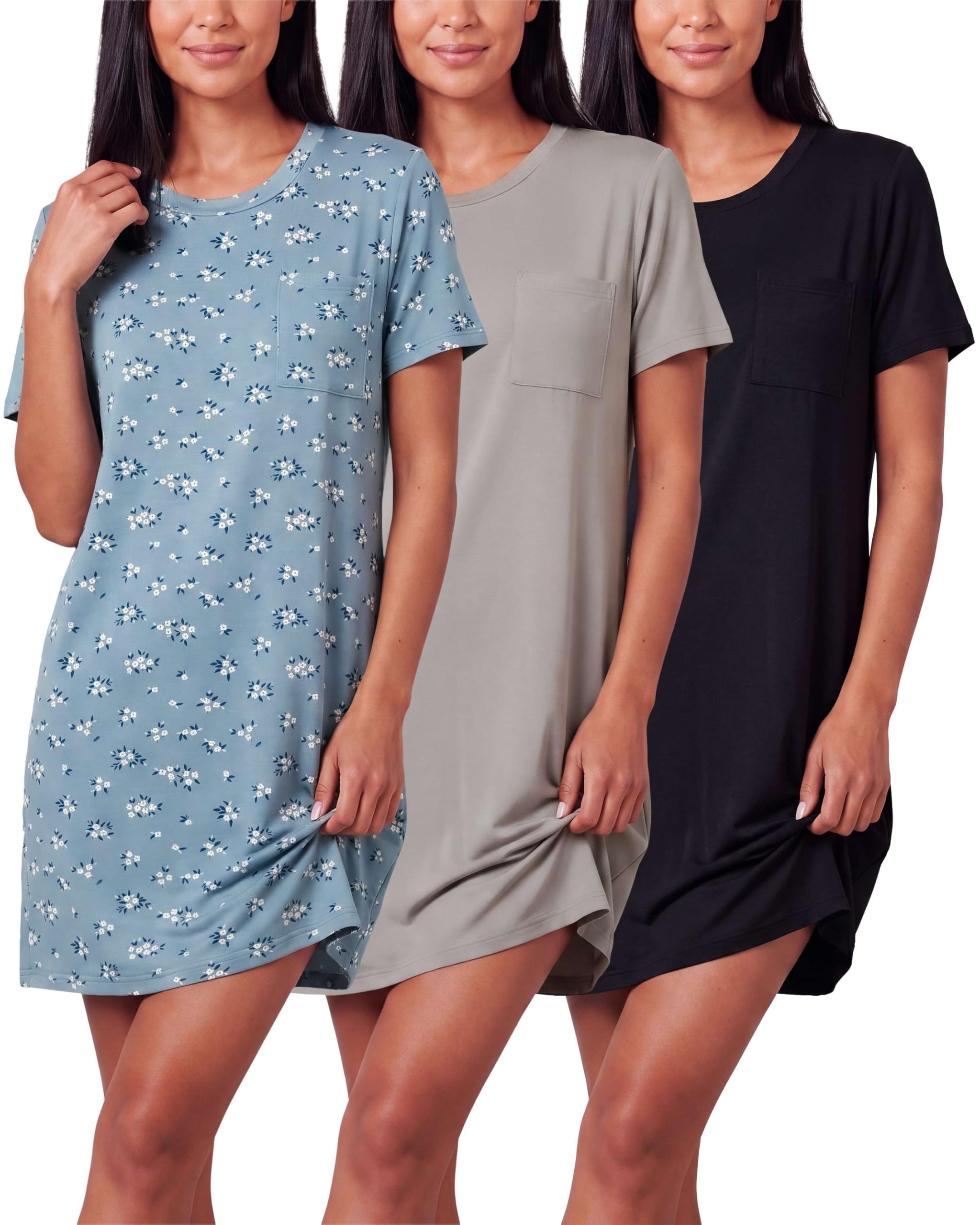 Real Essentials 3 Pack: Women's Short Sleeve Nightgown Dress – Nightshirt Pajama Sleep Shirt Sleepwear (Available In Plus)