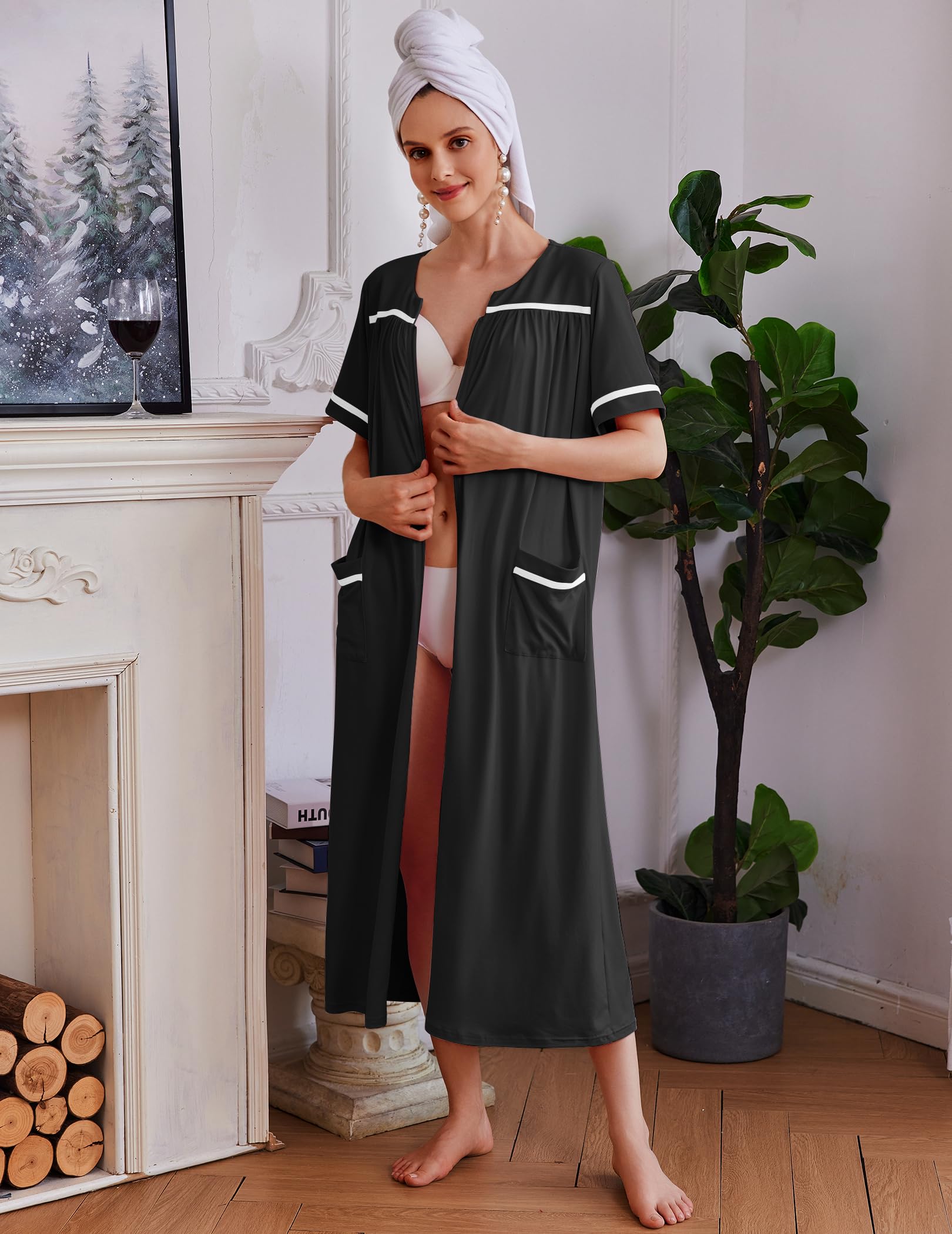 Ekouaer Zipper Robes for Women Short Sleeve Bathrobe Soft Lightweight Housecoat Full Length Nightgown with Pockets S-3XL WEBE CLOTHING
