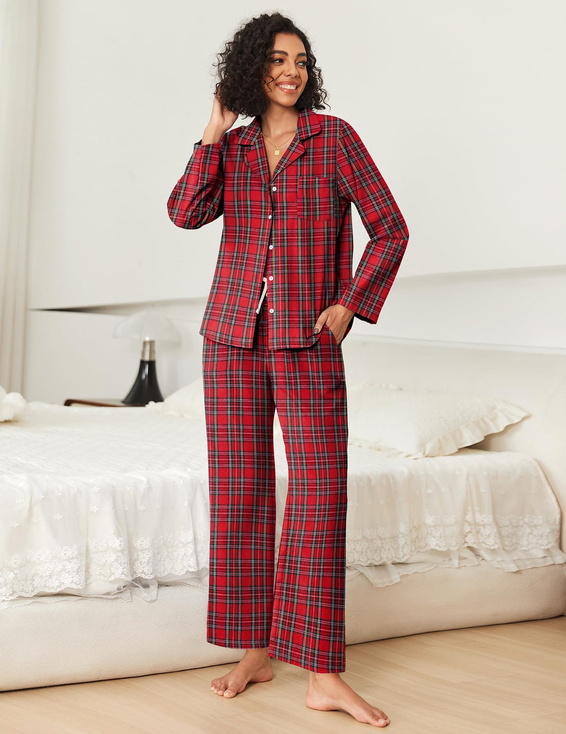 Ekouaer Womens Pajama Sets 2 Piece Cotton Plaid Pjs Long Sleeve Sleepwear Button Down Lounge Set with Pockets