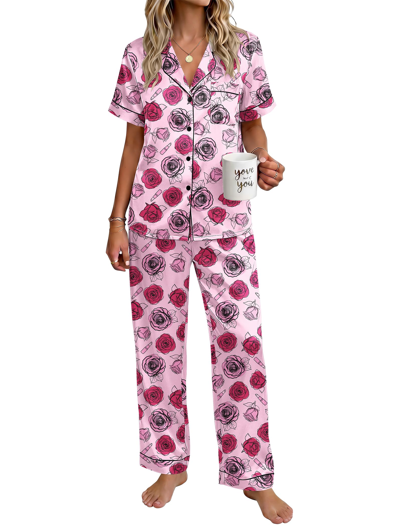 Ekouaer Womens Silky Satin Pajamas Set Short Sleeve Button Down Sleepwear 2 Piece Lounge Set Pj Set WEBE CLOTHING