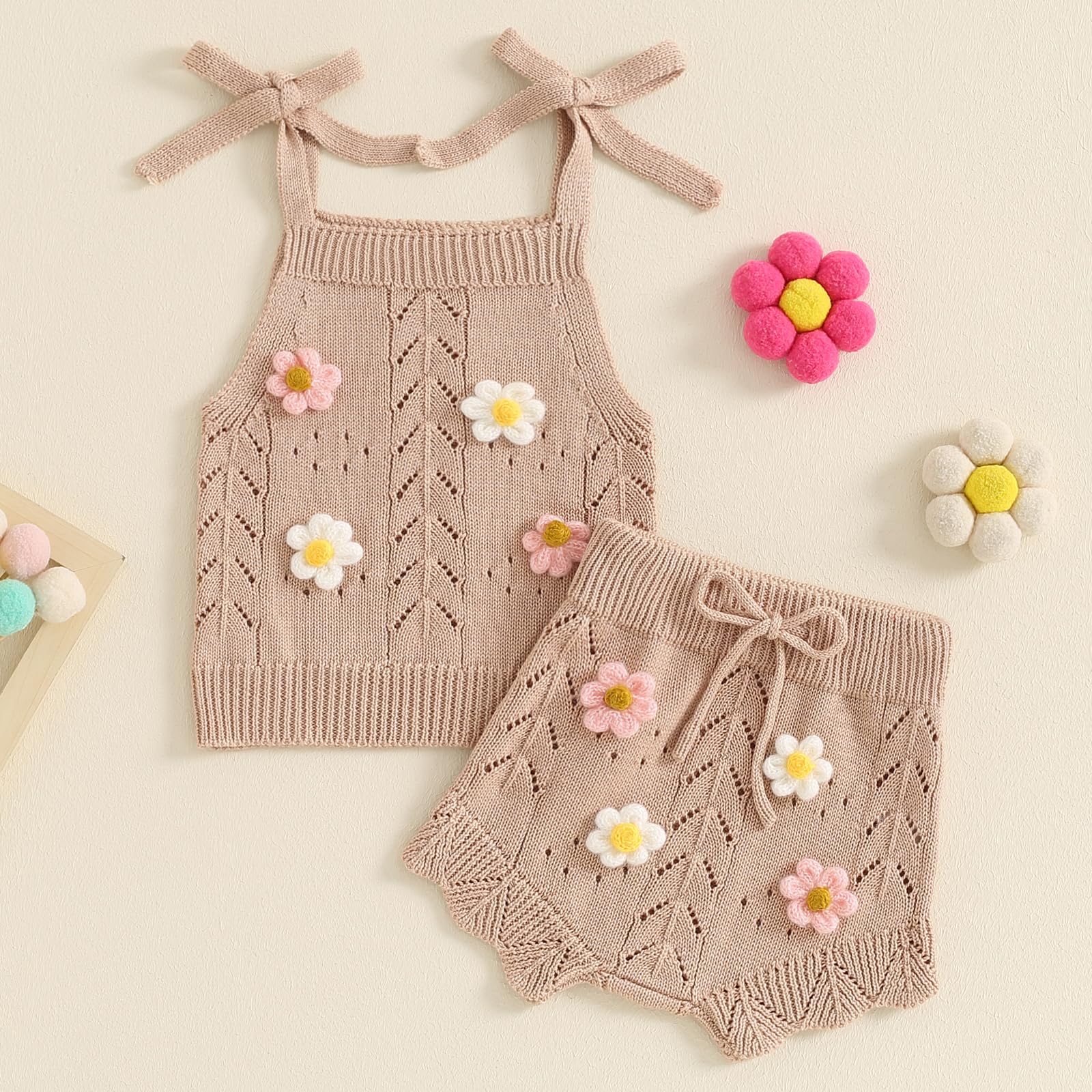 TheFound Toddler Baby Girls Knitted Outfit Tie-up Tank Top Elastic Waist Flower Shorts Summer Clothes 6 12 18 24 Months 2t 3t WEBE CLOTHING