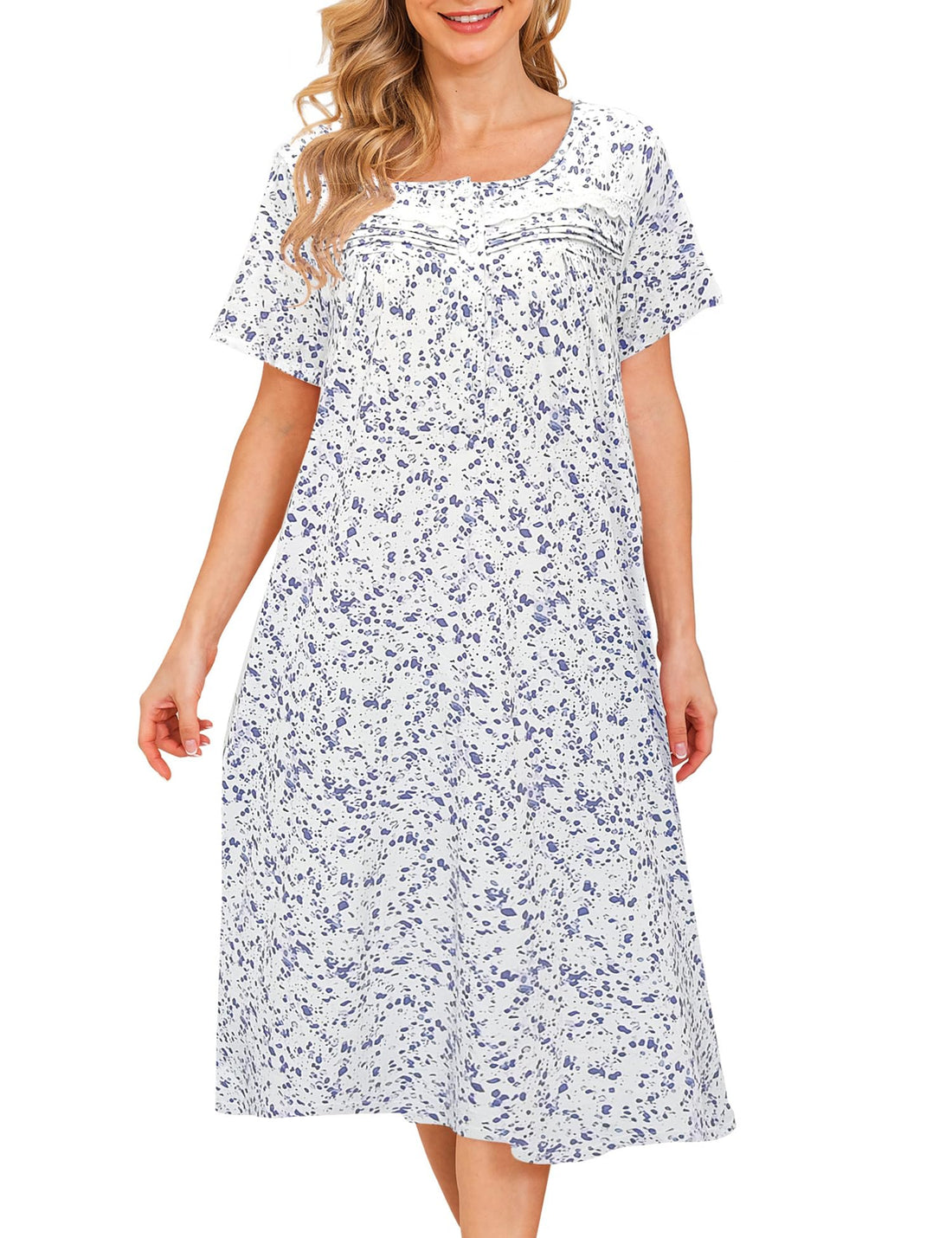 Bloggerlove Nightgowns for Women 100% Cotton Soft House Dress | 100 Full Cotton, Button Neck, Knee Length, Lace Trim Floral, Breathable, Skin-frieend, Loose Fit, Comfy Sleepwear WEBE CLOTHING