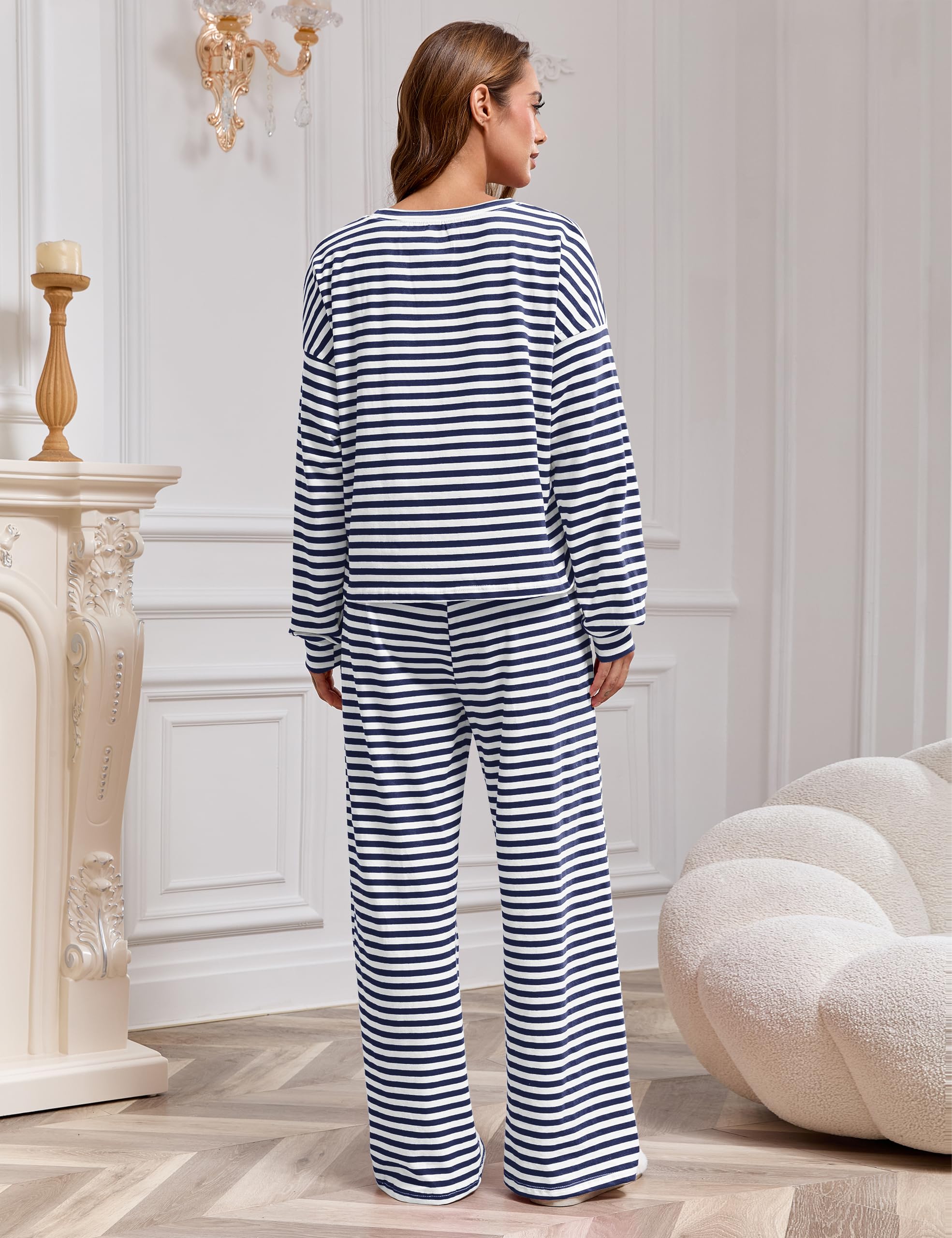 MISSACTIVER Women's Striped 2 Piece Lounge Set Casual Long Sleeve T-Shirt Drawstring Wide Leg Pants Matching Pajamas Set