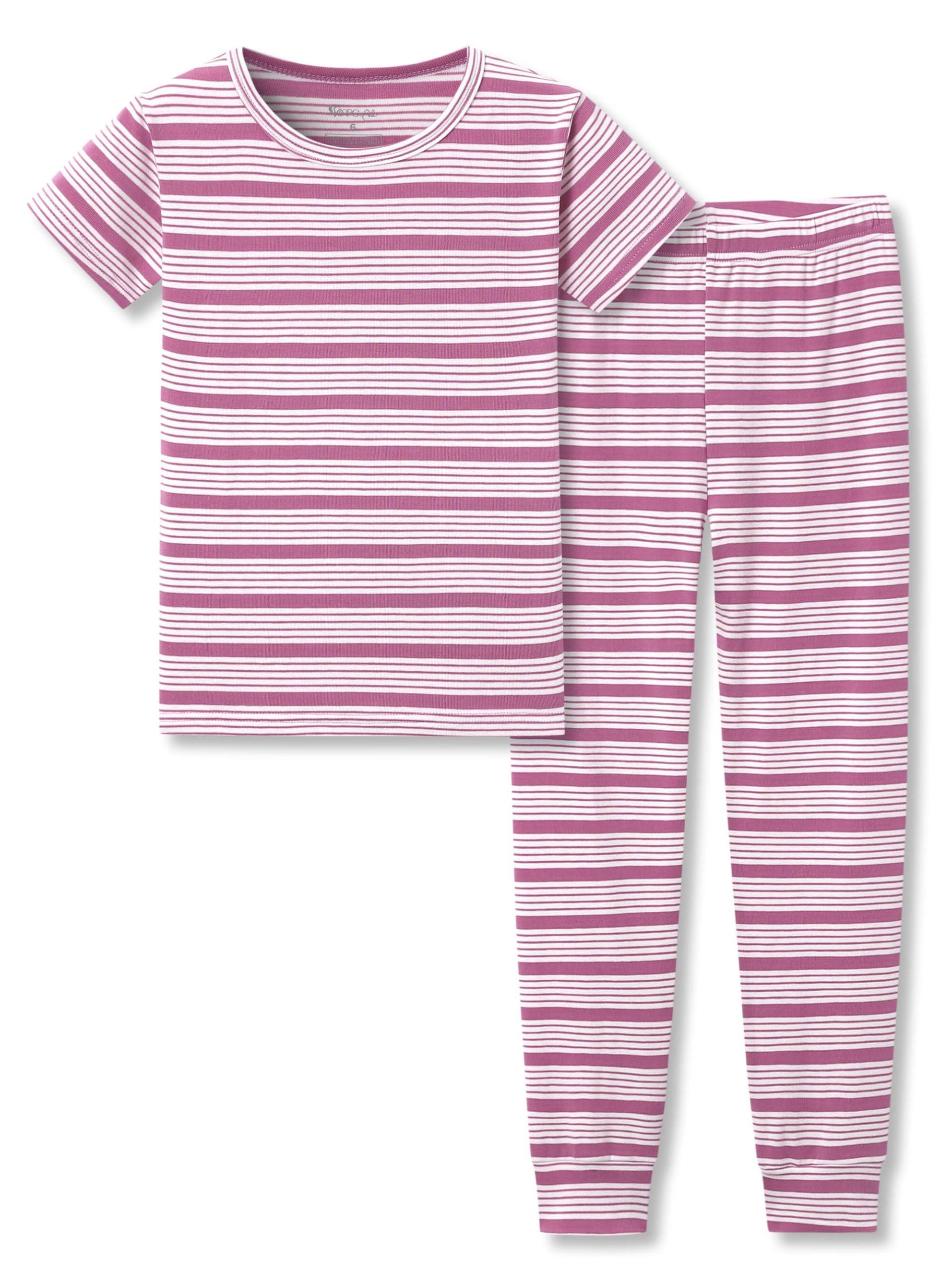 Topgal Summer Pajamas for Unisex Kids - Purple & Brown Stripe Snug Fit Pull-On Short Sleeve Sleepwear Pjs Set Size 2T-10