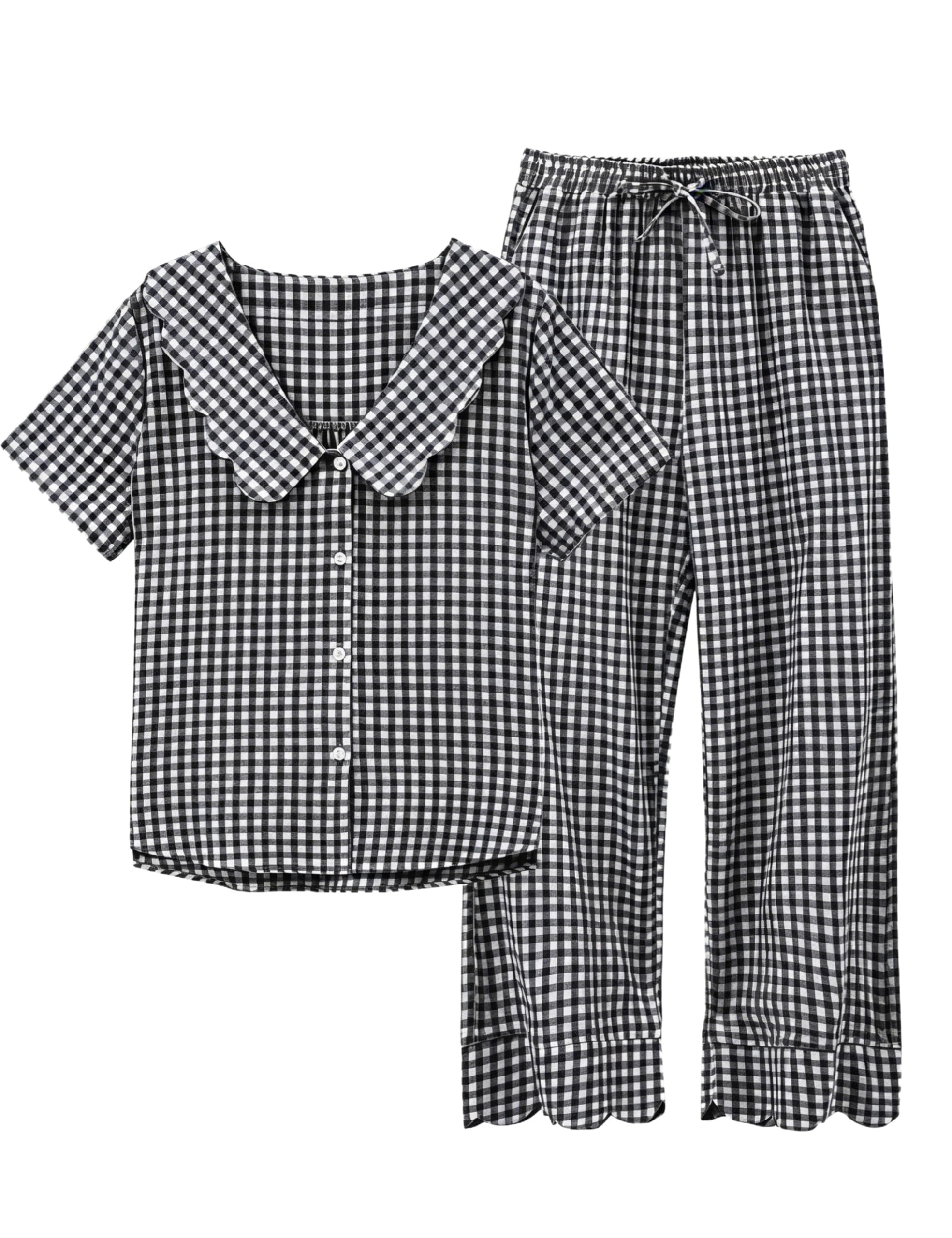 Tanming Womens Gingham 2 Piece Pajamas Sets Puff Sleeve Babydoll Shirt Ruffle Pants Pj Lounge Set Sleepwear WEBE CLOTHING