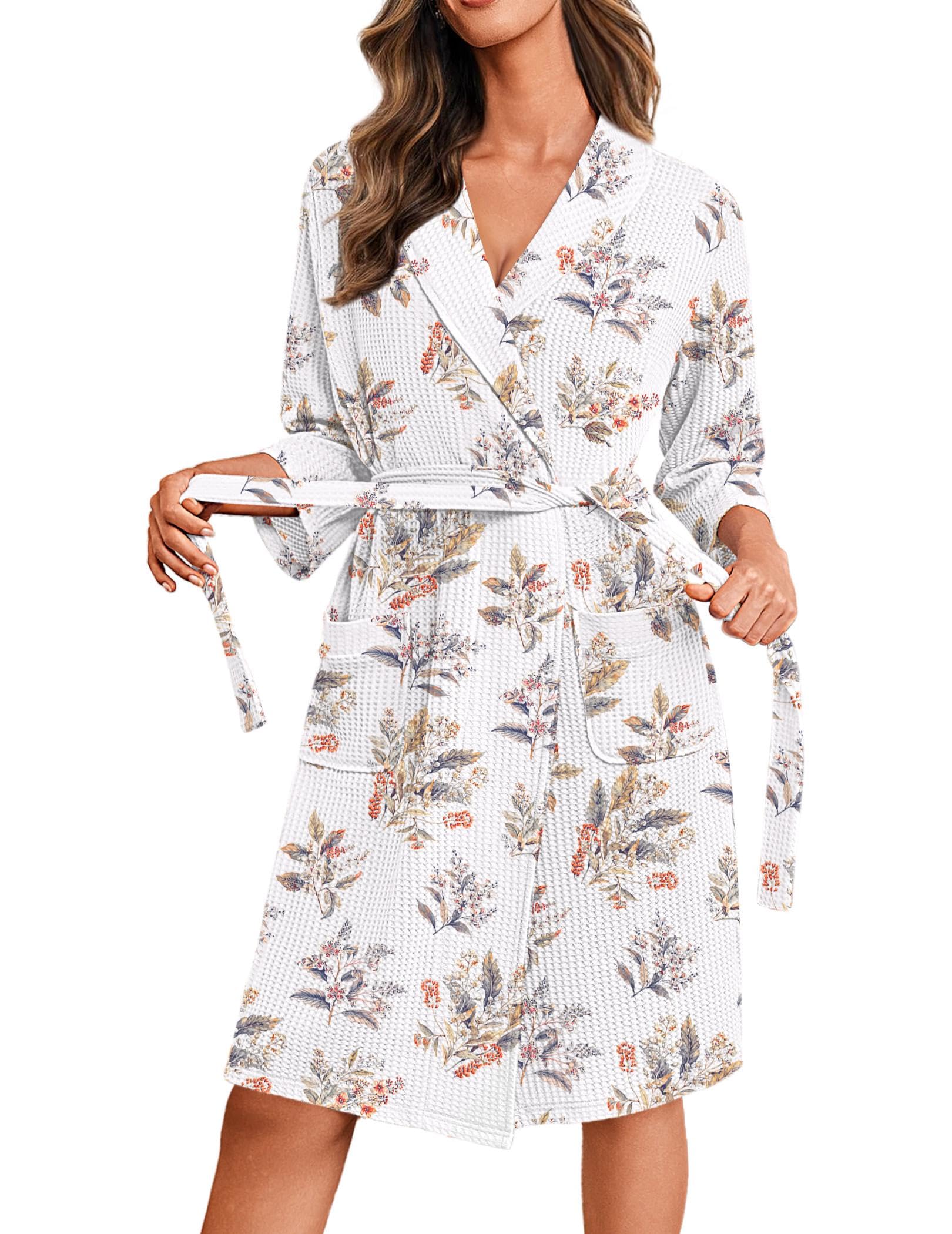 Ekouaer Robes for Women Waffle Knit Kimono Bathrobe Loungewear with Pockets | Maternity,Lightweight,Knee Length, Soft,Comfy,Robe,Floral Print,House Coat