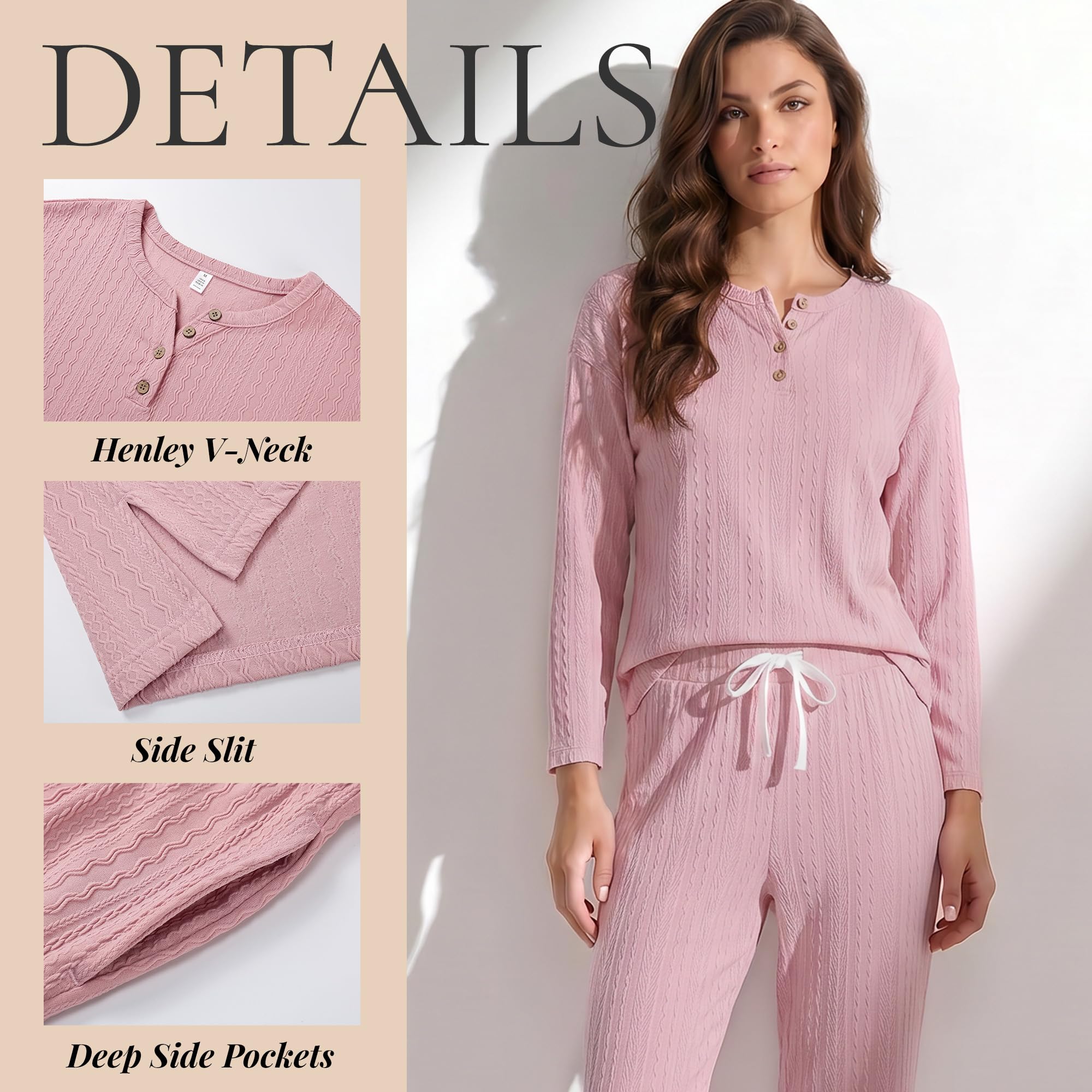 U2SKIIN Soft Pajama Set for Women Cable Knit Loungewear Henley Neck Long Sleeve Comfy Sleepwear with Pockets All Season