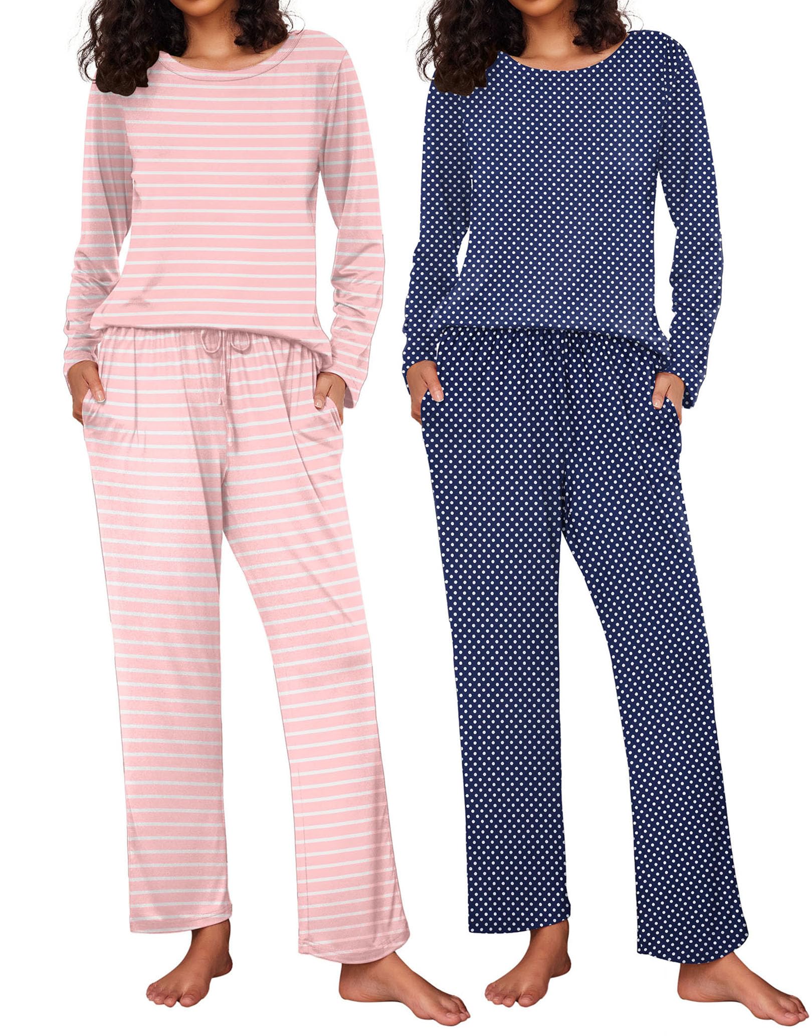 Ekouaer 2 Pack Womens Pajama Sets Long Sleeve Pjs Lounge Set Soft Comfy Sleepwear Winter Loungewear