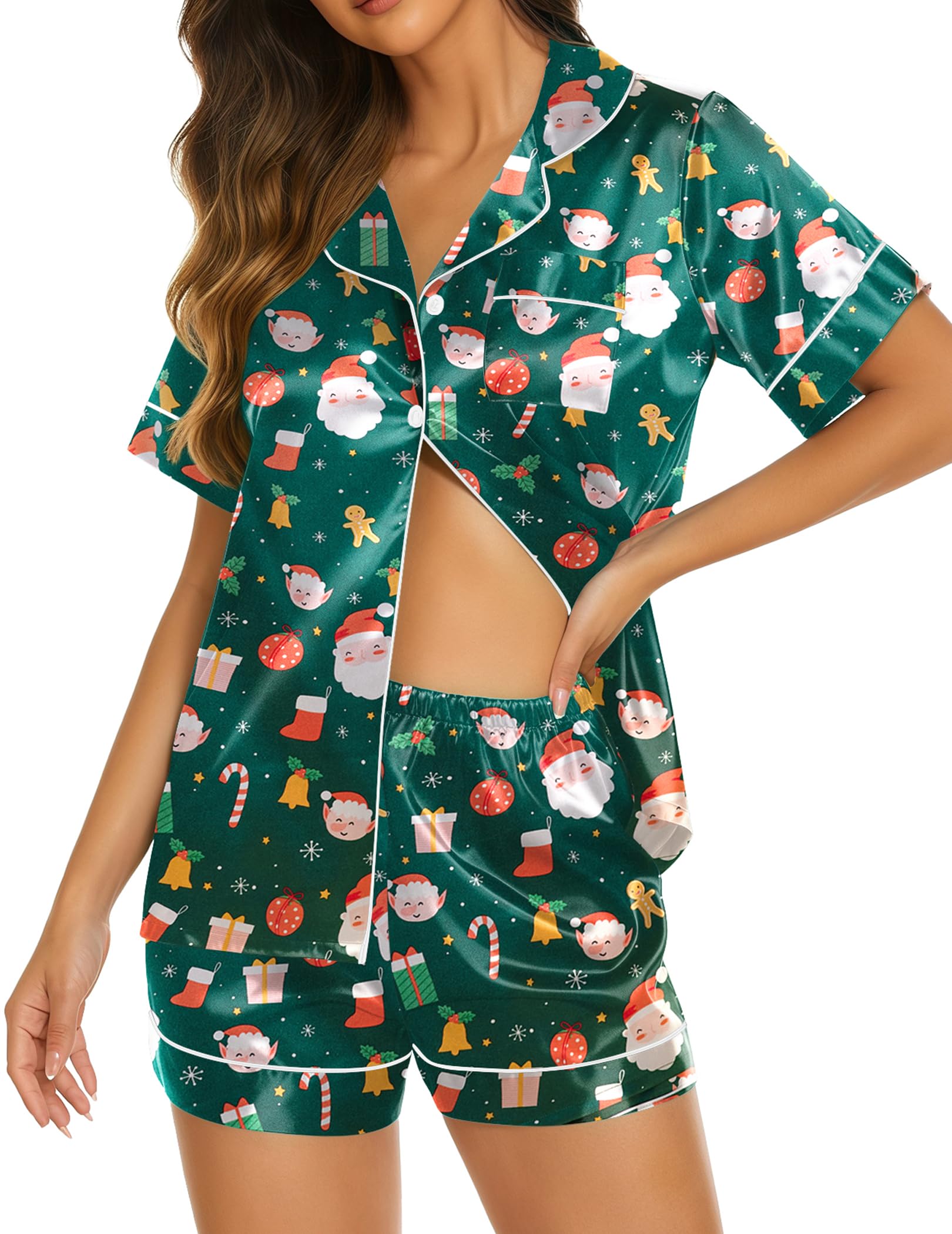 Ekouaer Silk Pajamas for Women Short Sleeve Sleepwear Soft Button Down Loungewear 2 Piece Satin Pjs Shorts Set WEBE CLOTHING