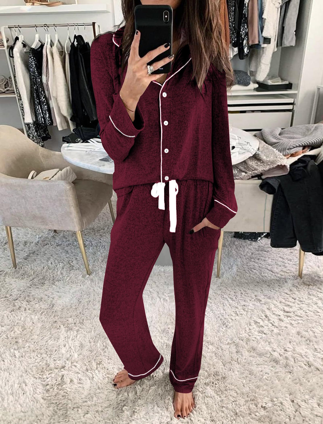 Womens Long Sleeve Pajamas Set Soft Sleepwear Button Down Shirt and Long Pants Pj Lounge Sets S-XXL with Pockets