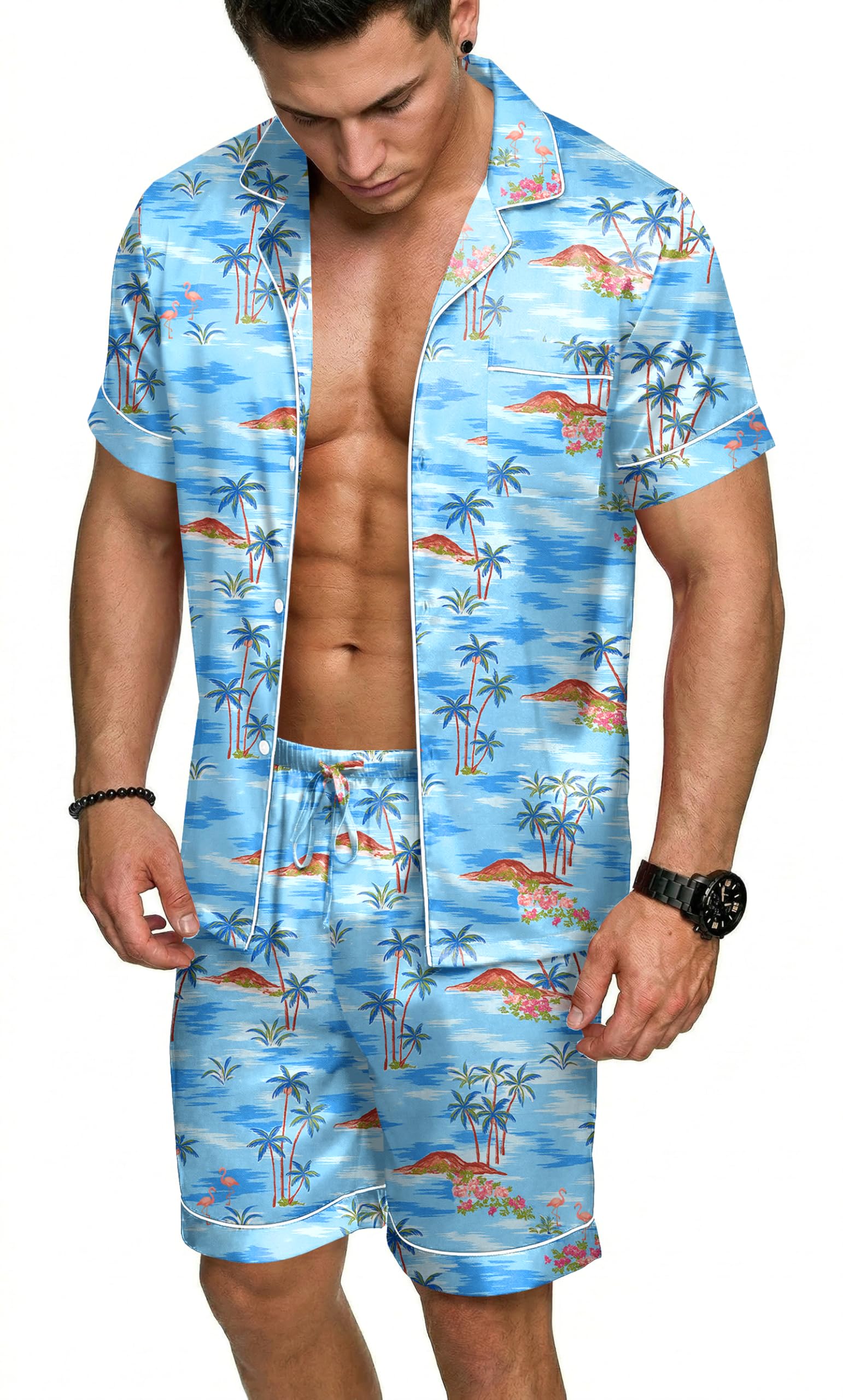 Ekouaer Mens Silk Satin Pajamas Set, Short Sleeve Sleepwear Lightweight Button Up Lounge Pjs Set with Pockets S-4XL WEBE CLOTHING