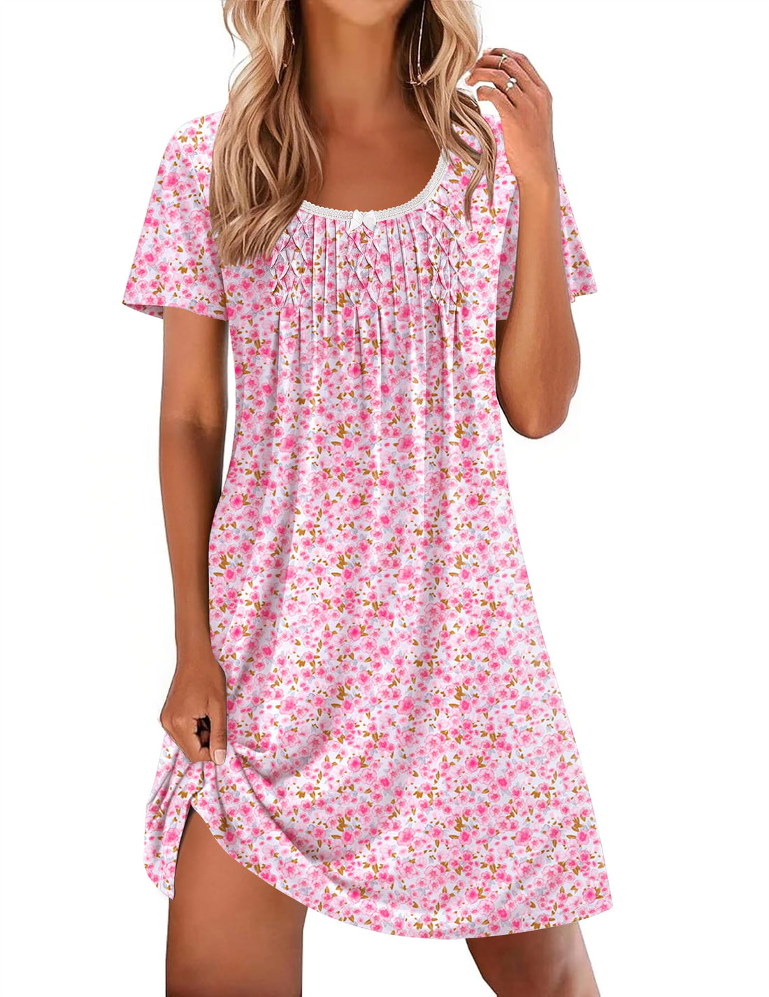 Ekouaer Nightgowns for Women Pleated Sleep Shirts Short Sleeve Night Shirts Lace Trim Night Gown Ladies Sleep Dress