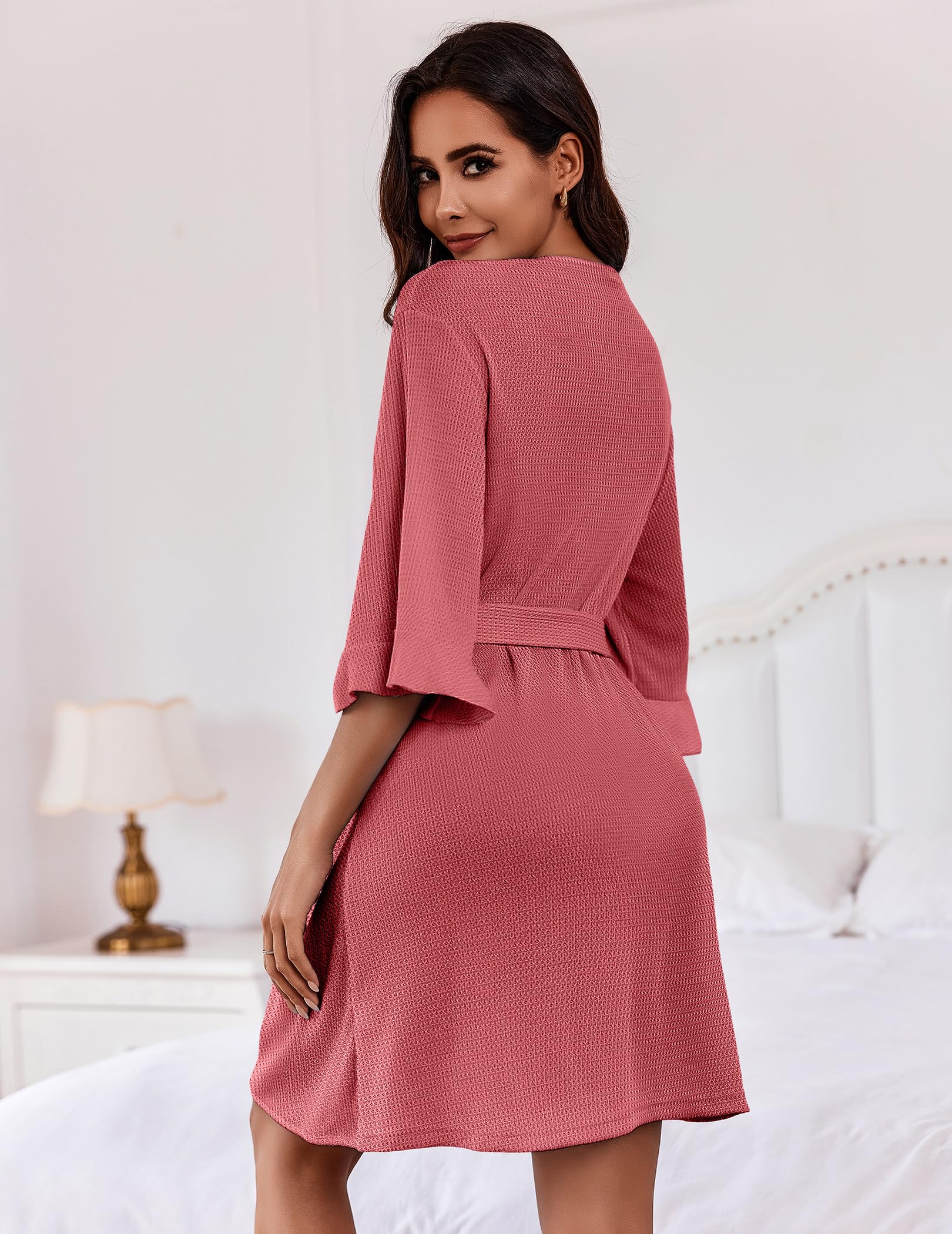 Ekouaer Robes for Women Lightweight Waffle Knit Short Bath Robe Knee Length Ruffle Ladies Loungewear WEBE CLOTHING