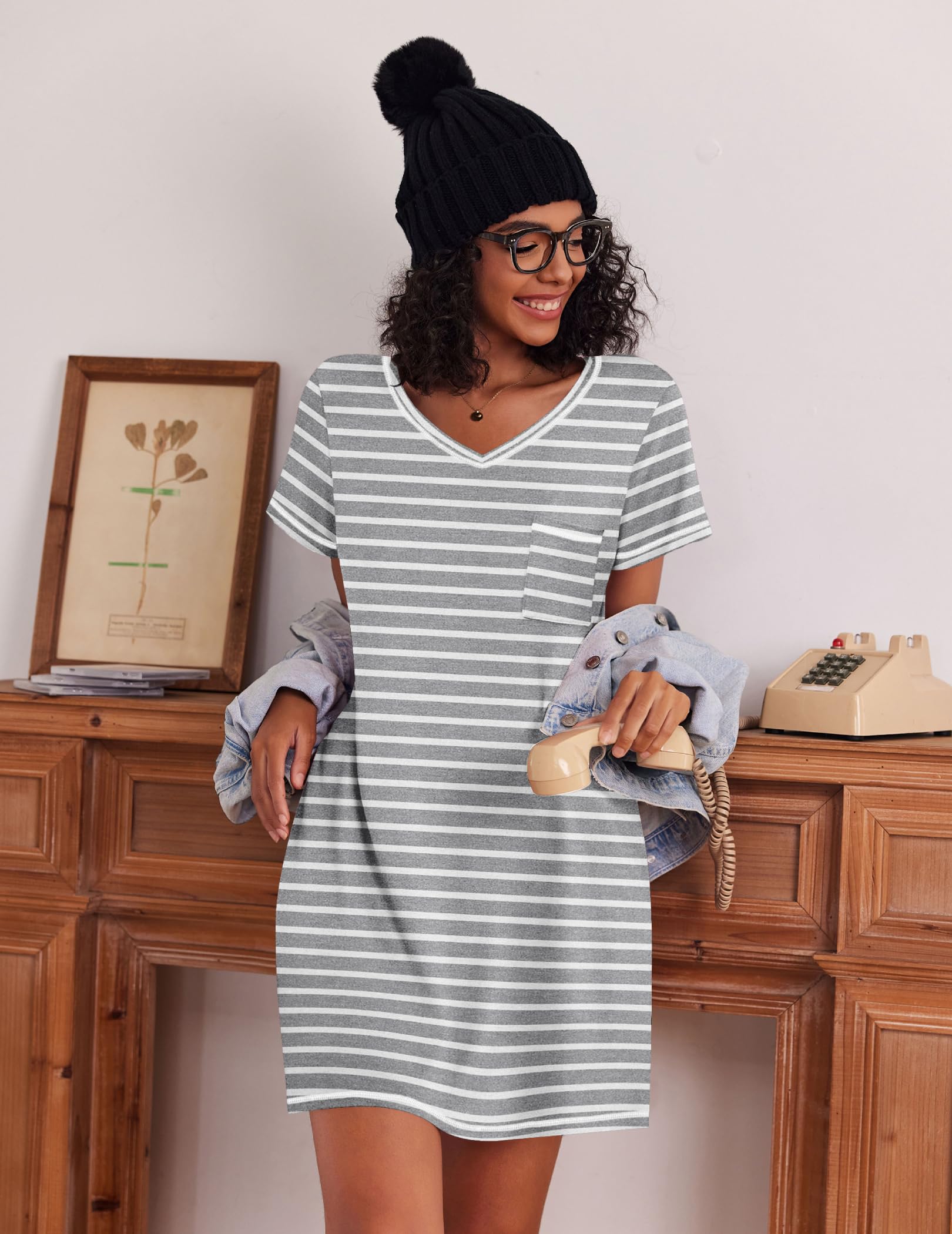 Ekouaer 3 Pack Nightgowns for Women Short Sleeve Sleep Shirts T Shirt Night Gown V Neck Nightshirts Soft Sleepwear Dress