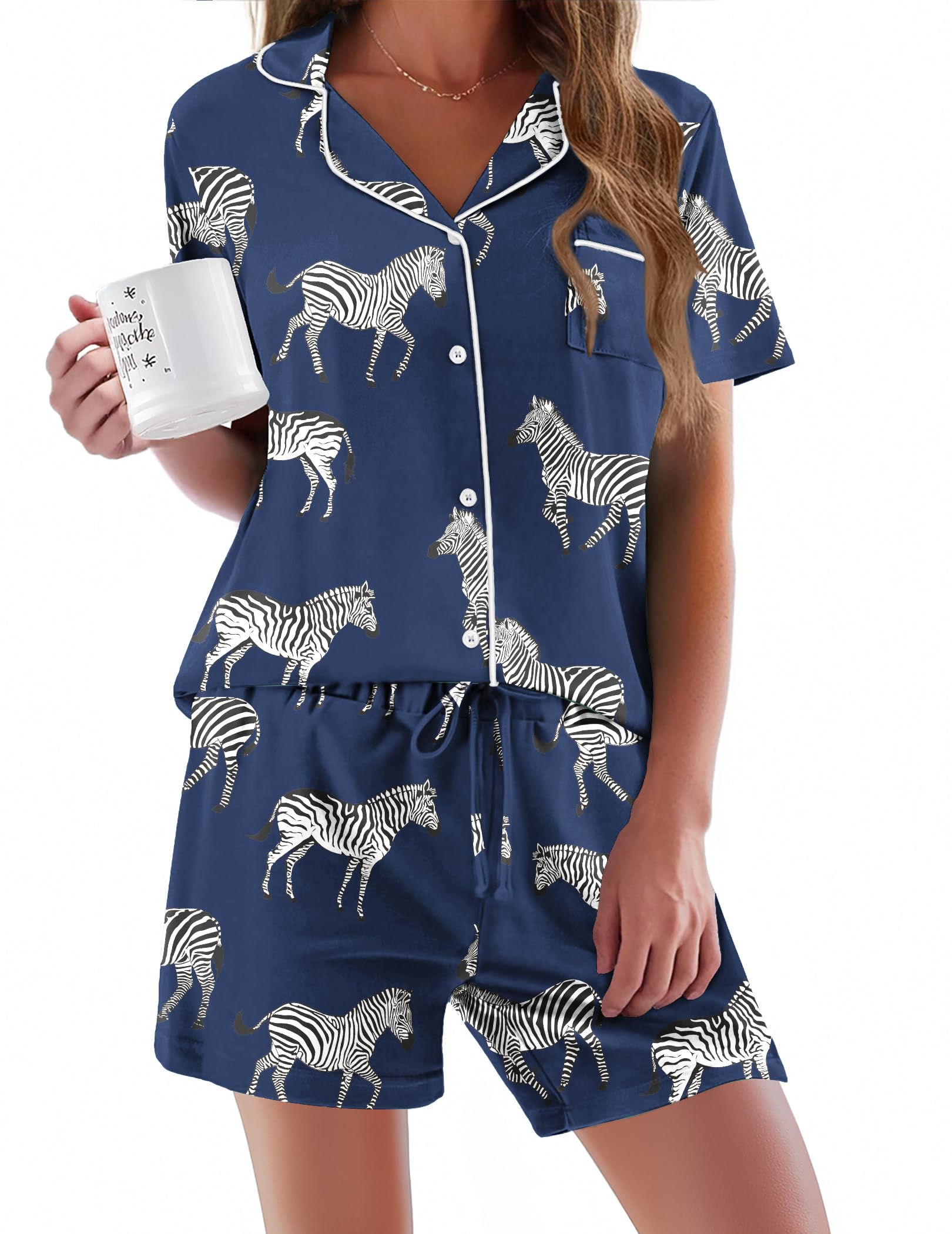 Ekouaer Pajamas Set for Women Short Sleeve Sleepwear Button Down Pjs Soft 2 Piece Lounge Sets XS-XXXL