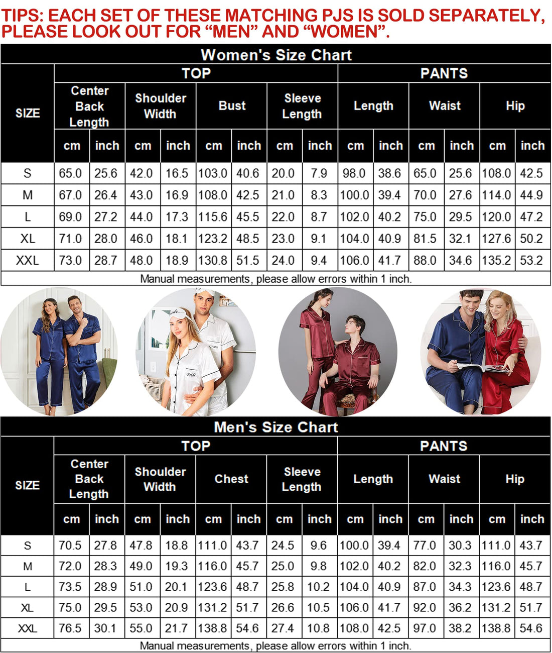 SWOMOG Couples Pajamas Sets Women & Men Satin Short Sleeve Sleepwear Button Down Loungewear Pjs Set with Long Pants