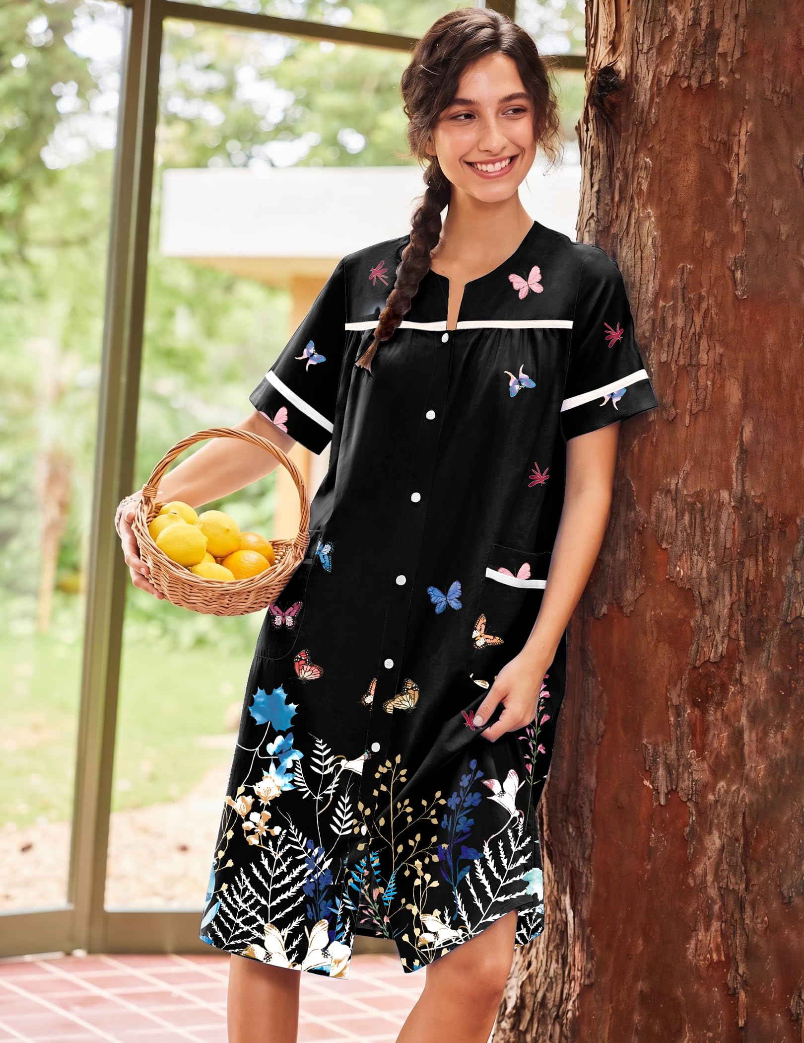 Ekouaer House Dress for Women with Pockets Duster Button Down Nightgown | Nightgowns for Women, Button Dwon House Dress with Pockets, Short Sleeve Duster Housecoat, Moo Moos for Elderly, Mumu Dress WEBE CLOTHING