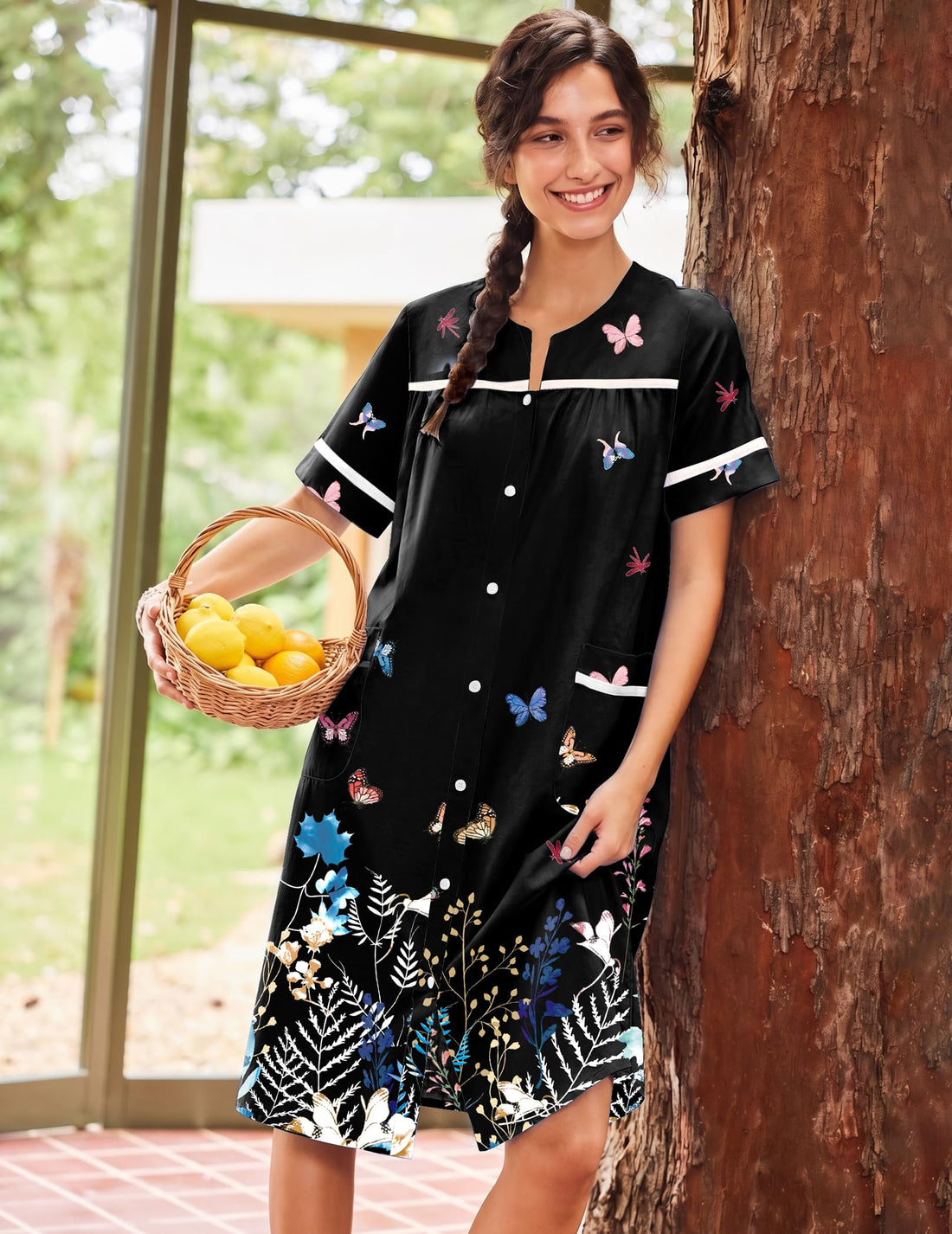 Ekouaer House Dress for Women with Pockets Duster Button Down Nightgown | Nightgowns for Women, Button Dwon House Dress with Pockets, Short Sleeve Duster Housecoat, Moo Moos for Elderly, Mumu Dress WEBE CLOTHING