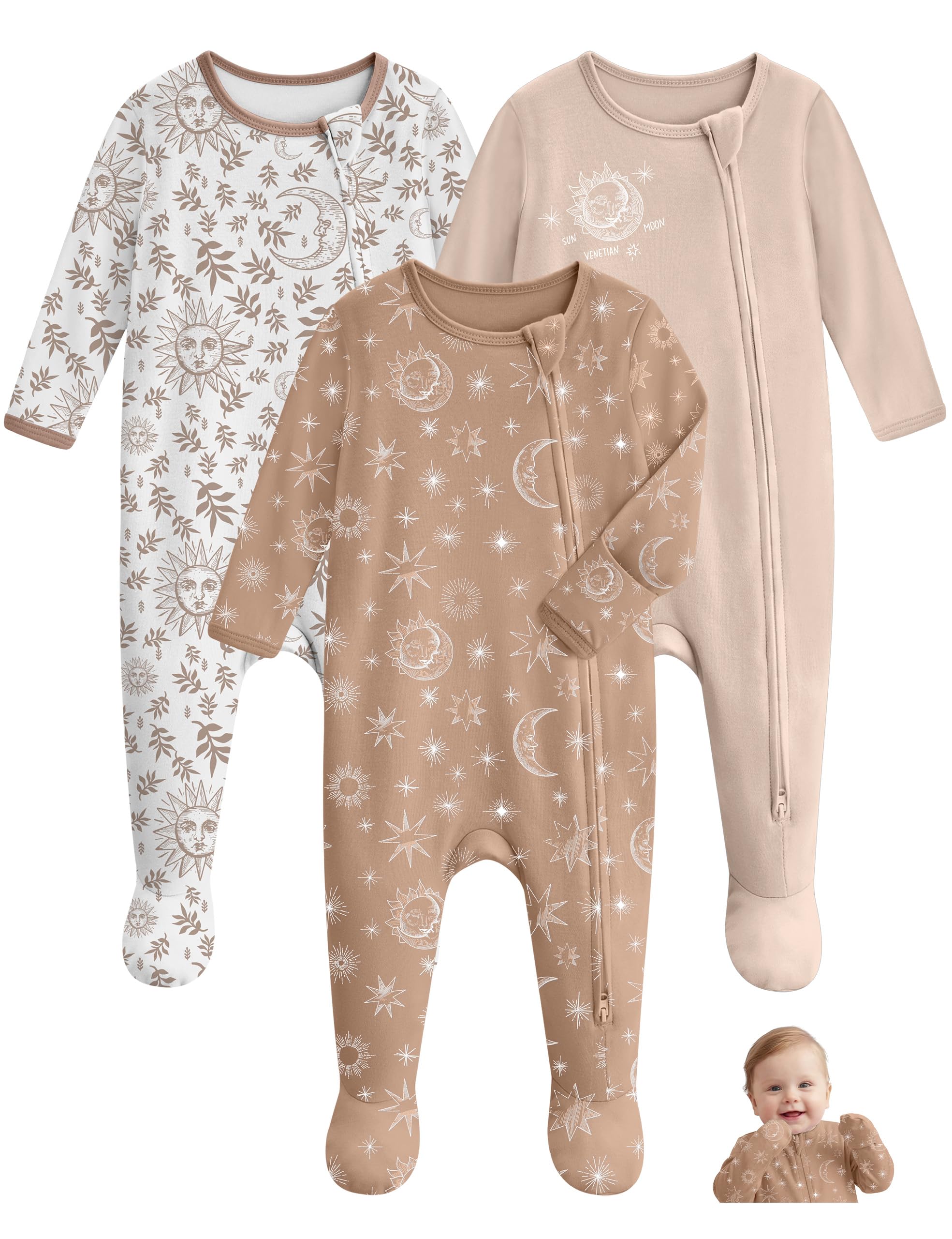 Unnivoll Baby Pajamas 100% Cotton Baby Sleepers for Newborn 0-3 3-6 6-9 Months 3Pcs Footie Pajamas Baby Boys Girls Clothes
