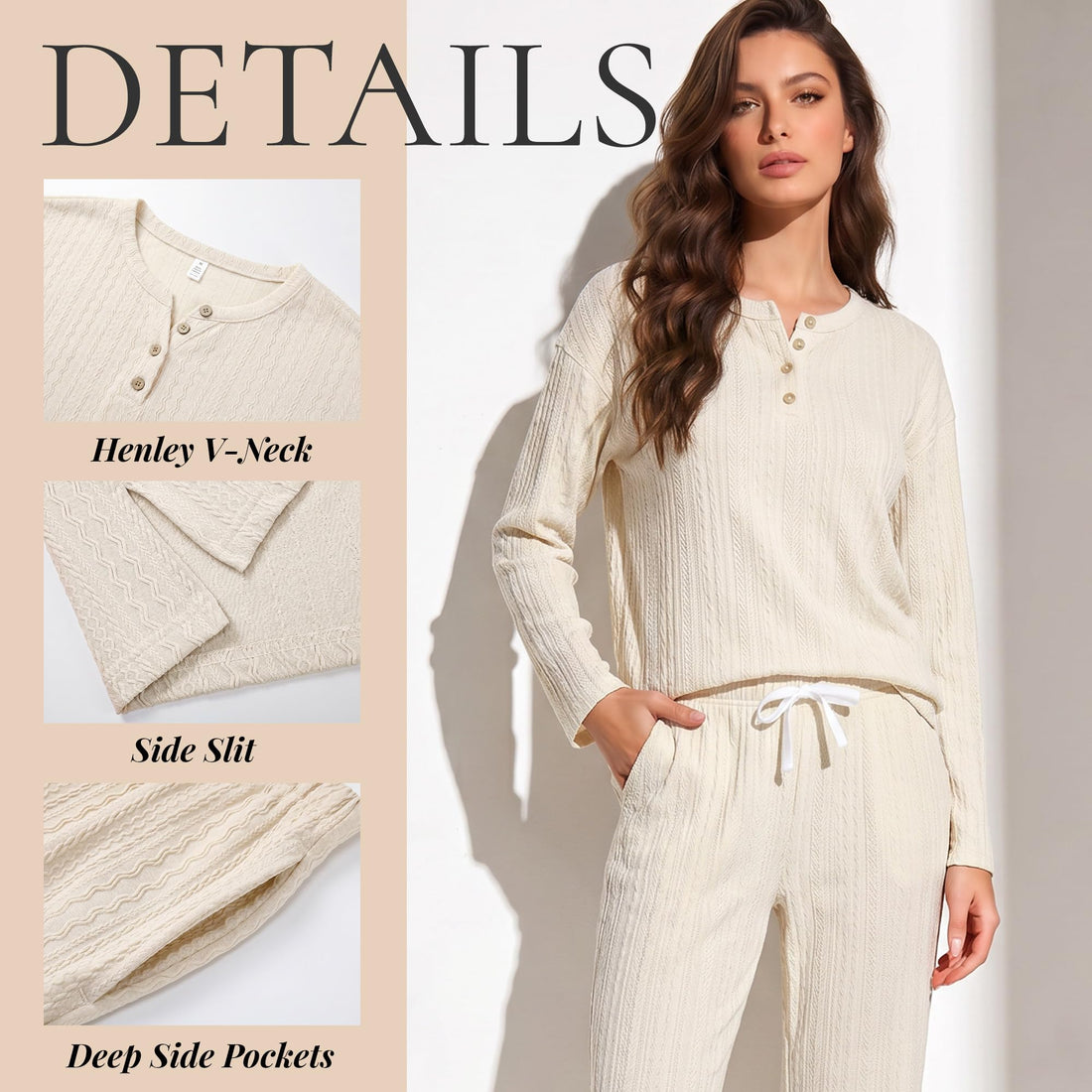 U2SKIIN Soft Pajama Set for Women Cable Knit Loungewear Henley Neck Long Sleeve Comfy Sleepwear with Pockets All Season