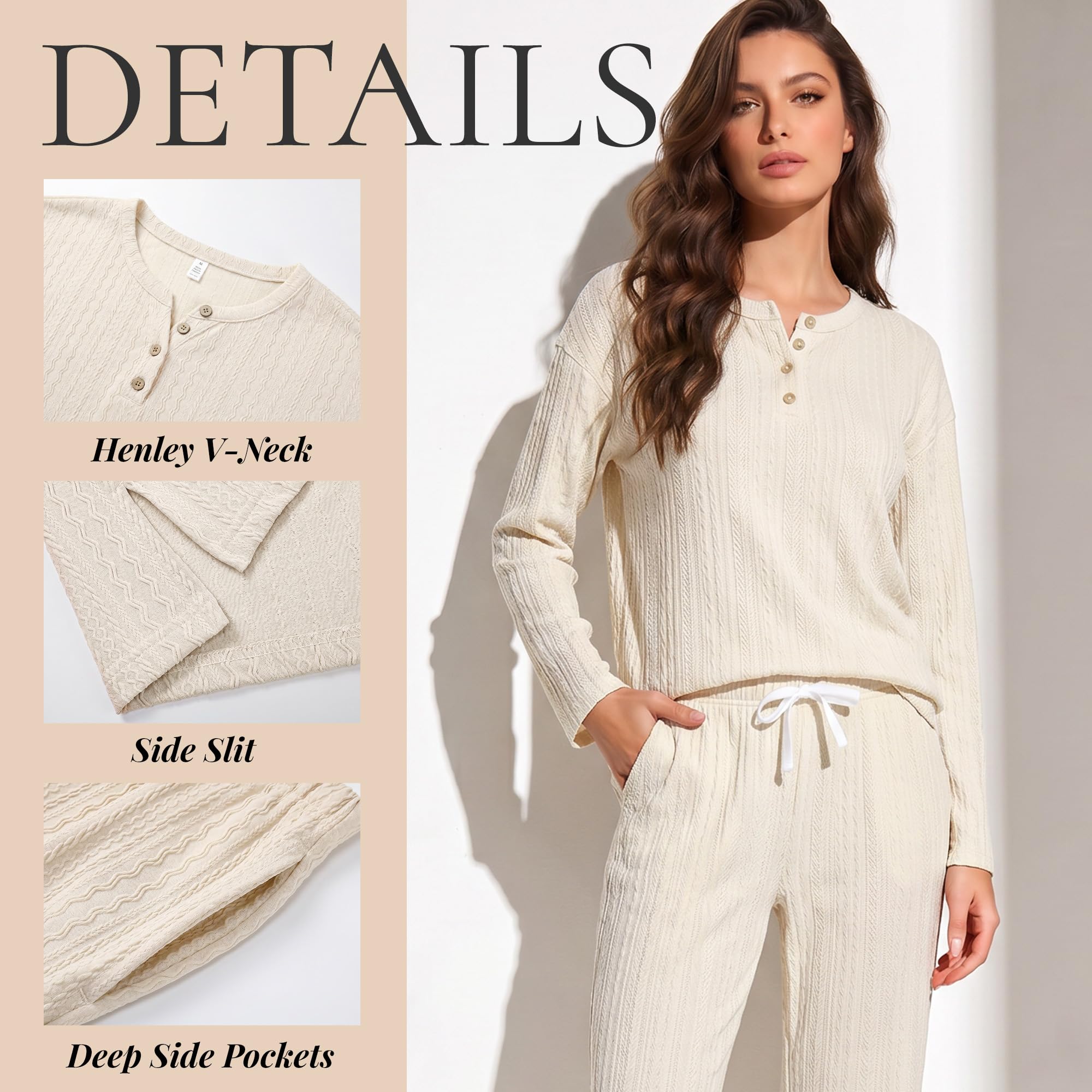 U2SKIIN Soft Pajama Set for Women Cable Knit Loungewear Henley Neck Long Sleeve Comfy Sleepwear with Pockets All Season